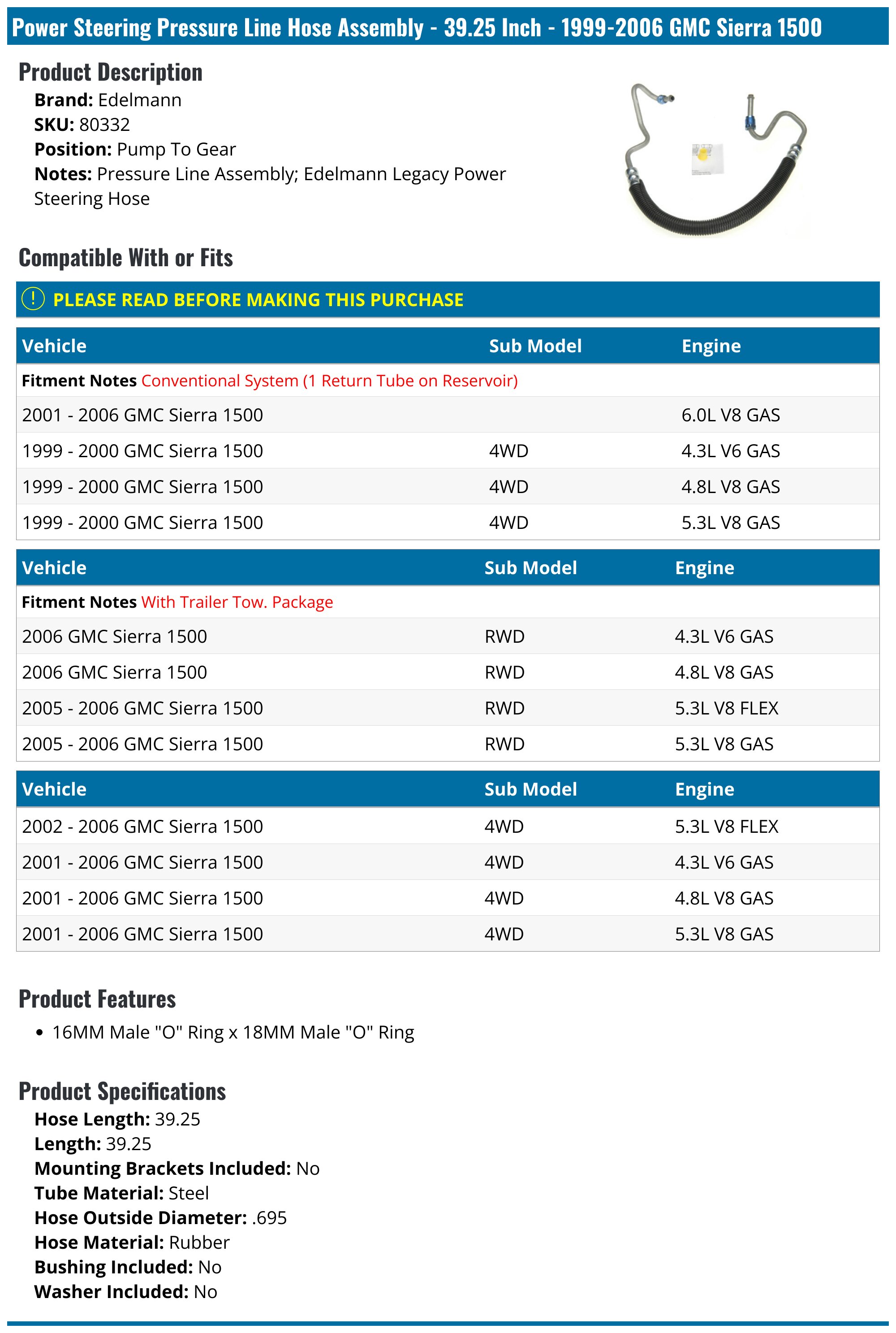 Power Steering Pressure Line Hose Assembly - 39.25 Inch - 1999-2006 GMC Sierra 1500 - Edelmann 4254-07232128