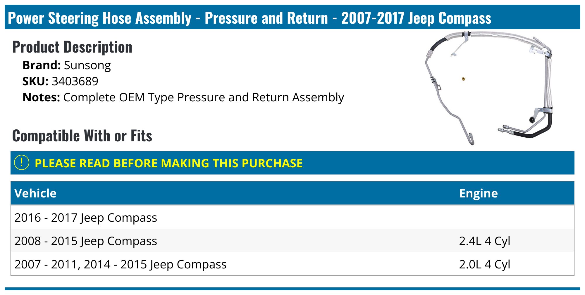 Power Steering Hose Assembly - Pressure and Return - 2007-2017 Jeep Compass - Sunsong 19026-03423898