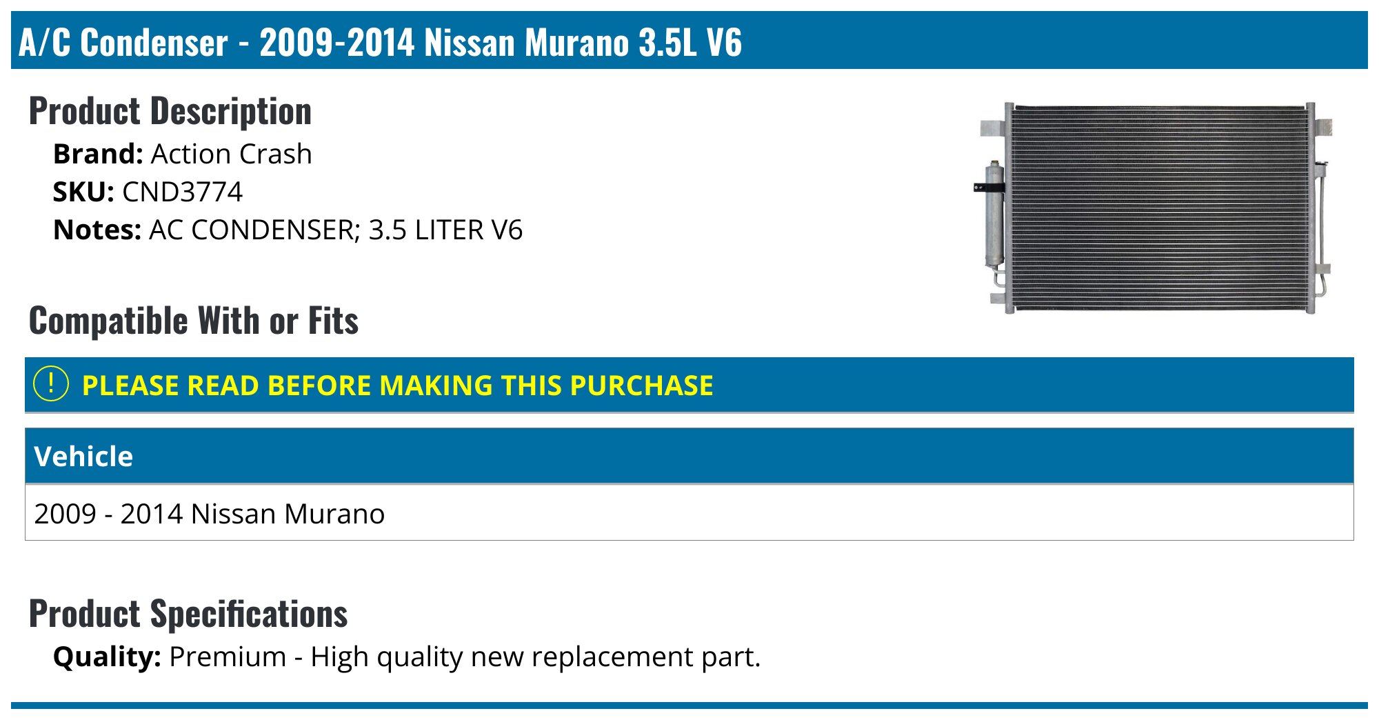 A/C Condenser - 2009-2014 Nissan Murano 3.5L V6 - Action Crash 29872-04039117