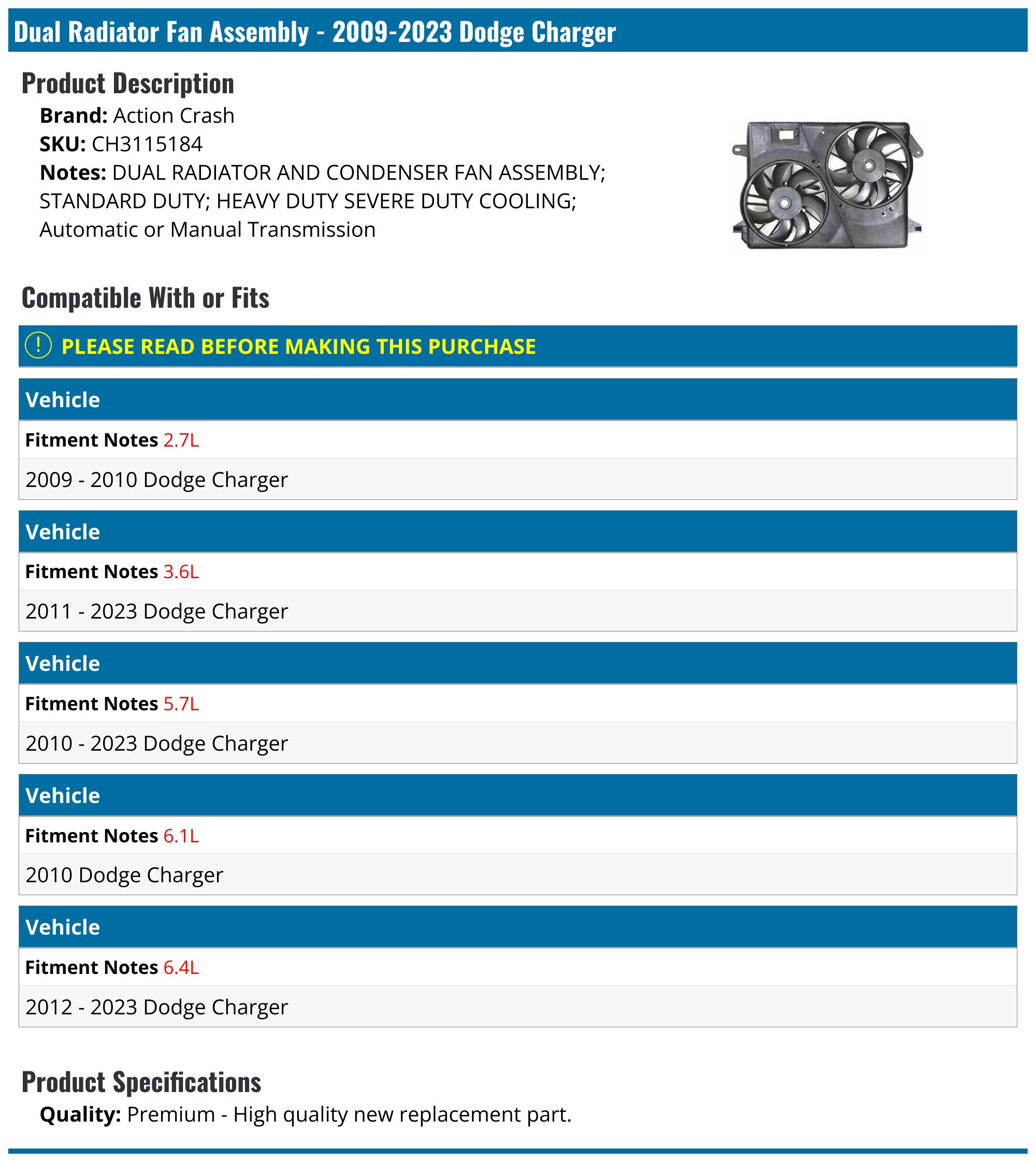 Dual Radiator Fan Assembly - 2009-2023 Dodge Charger - Action Crash 30141-04250381