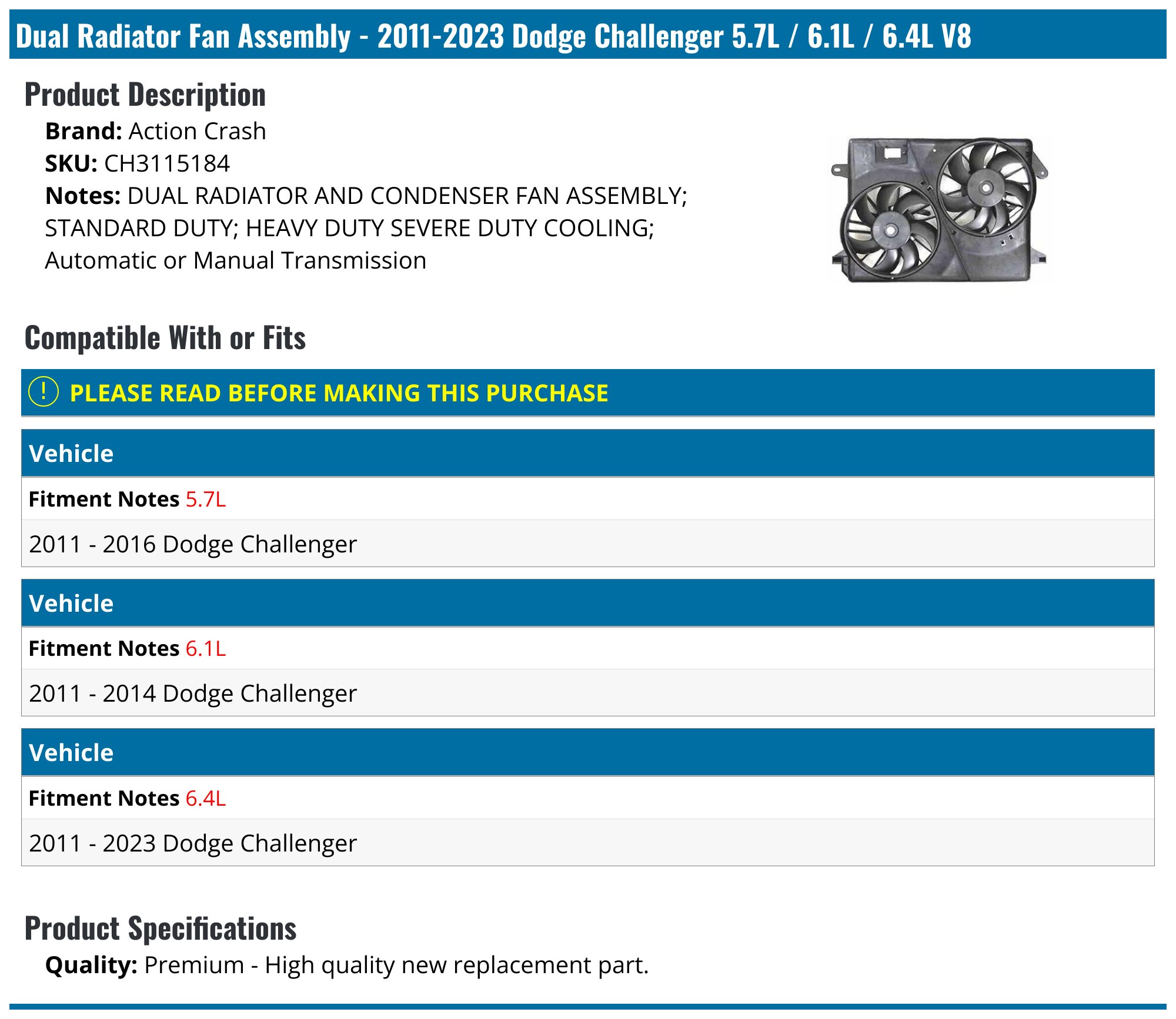 Dual Radiator Fan Assembly - 2011-2023 Dodge Challenger 5.7L / 6.1L / 6.4L V8 - Action Crash 97143-04250381