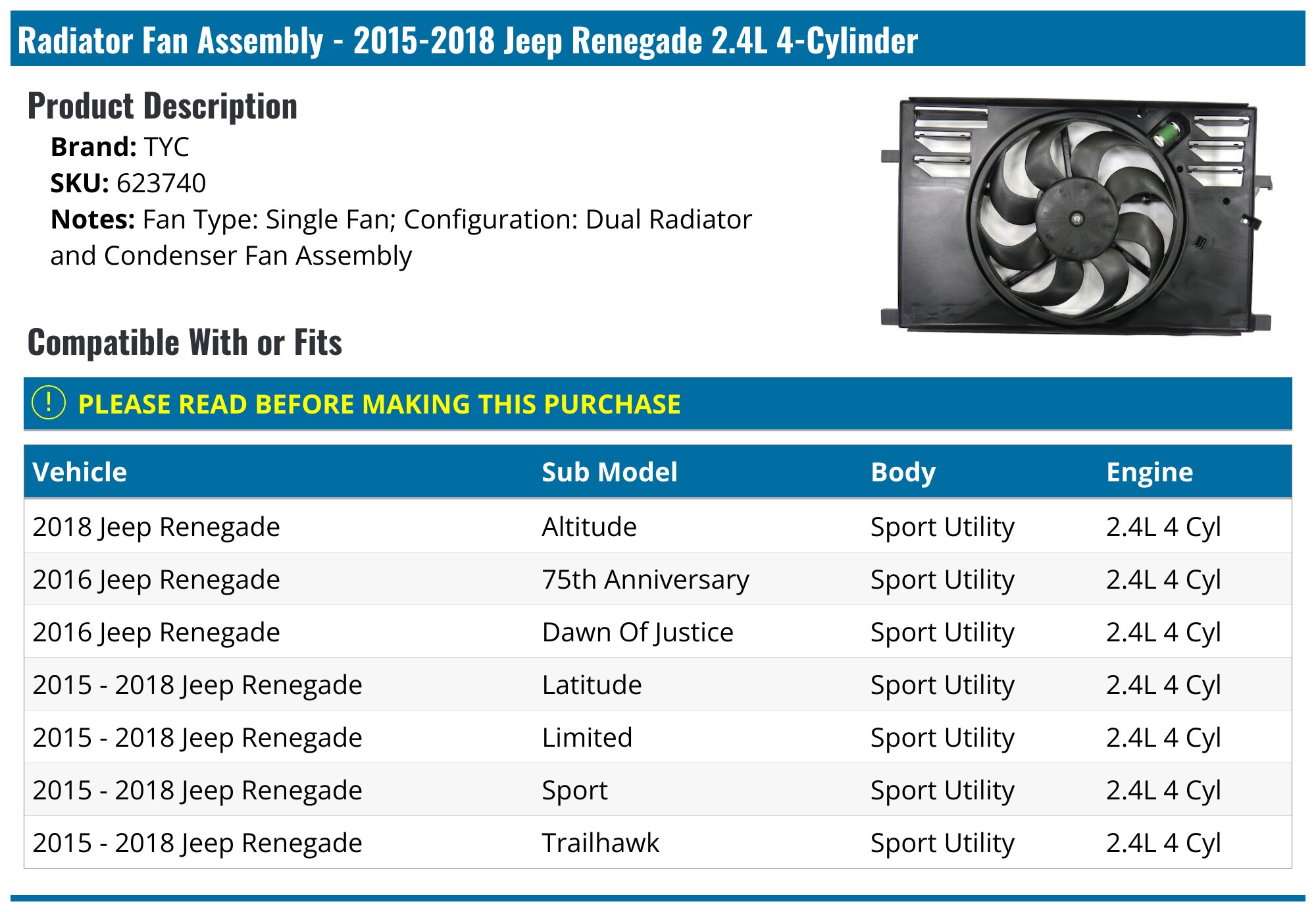 Radiator Fan Assembly - 2015-2021 Jeep Renegade 2.4L 4-Cylinder - TYC 131037-05691451