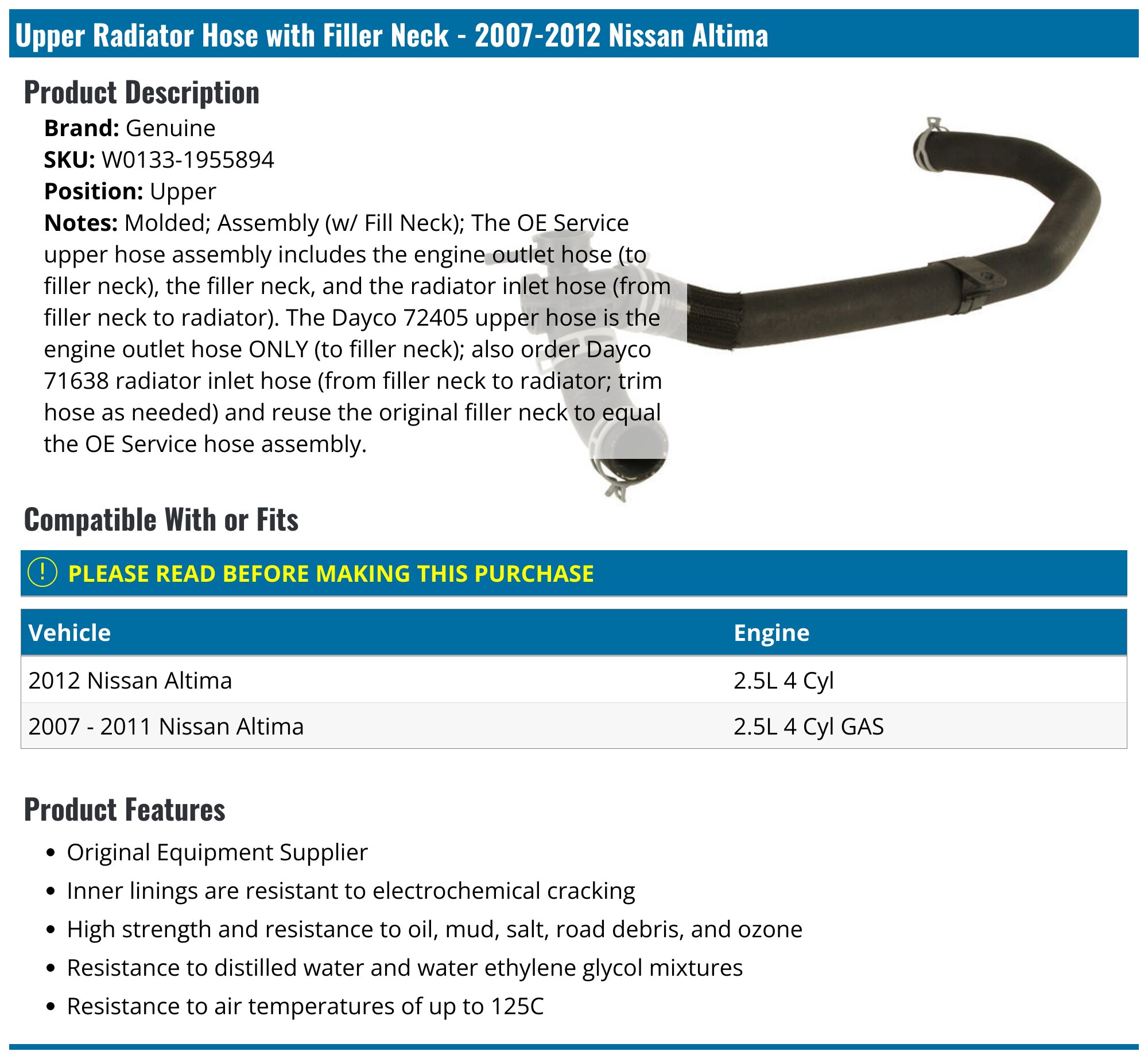Upper Radiator Hose with Filler Neck - 2007-2012 Nissan Altima - Genuine W0133-1955894
