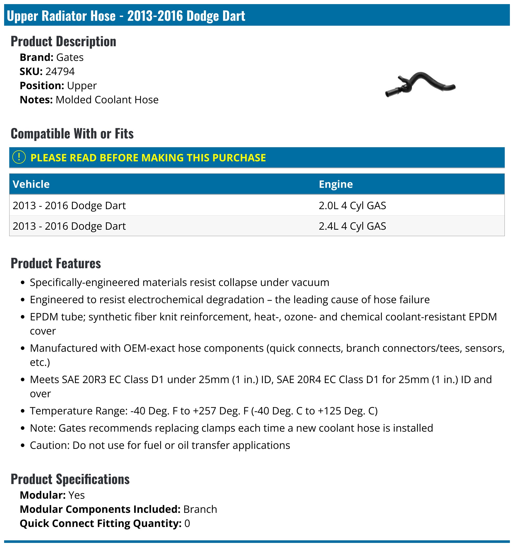 Upper Radiator Hose - 2013-2016 Dodge Dart - Gates 119653-07648733