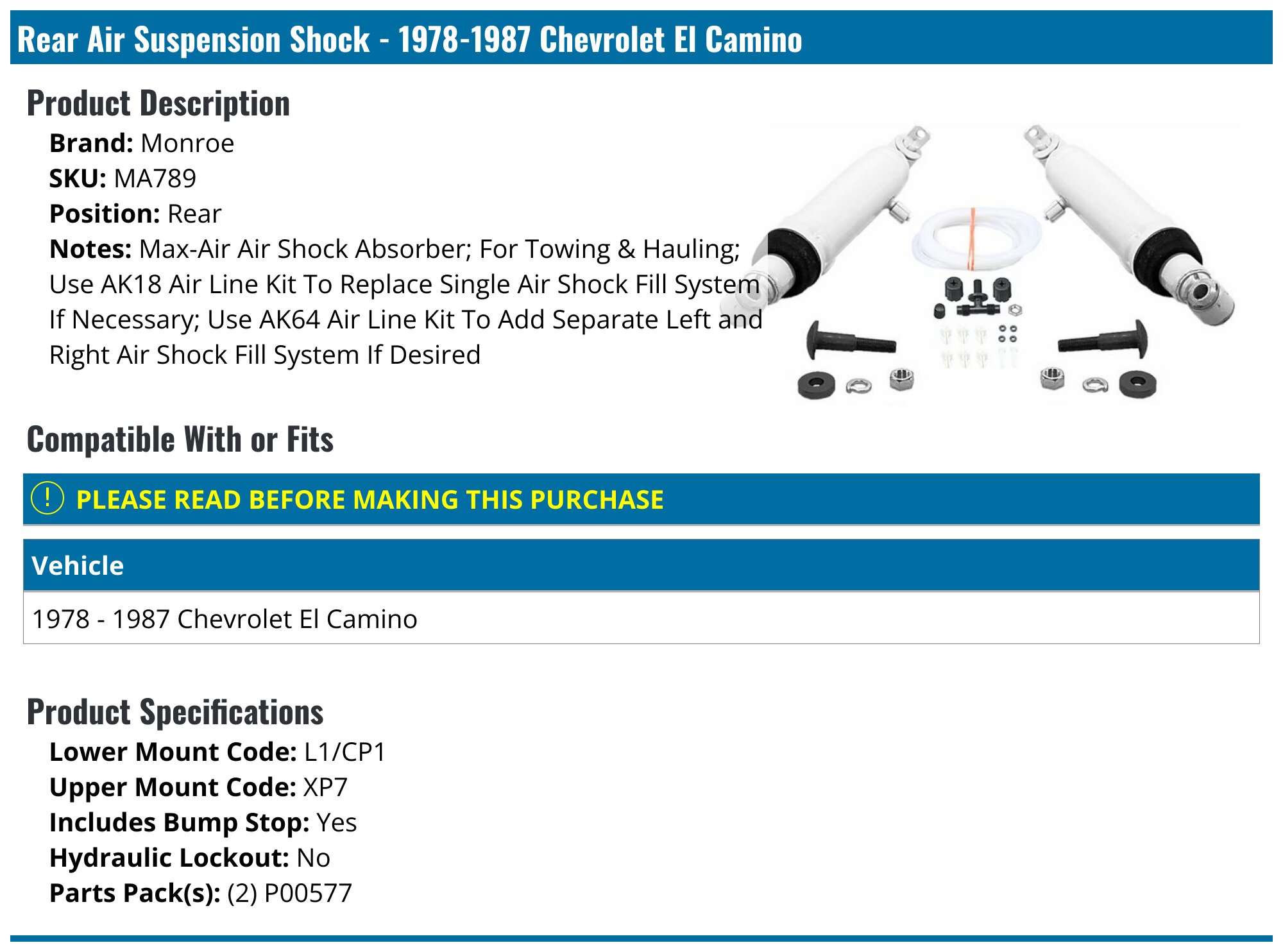 Rear Air Suspension Shock - 1978-1987 Chevrolet El Camino - Monroe 3239-02973861