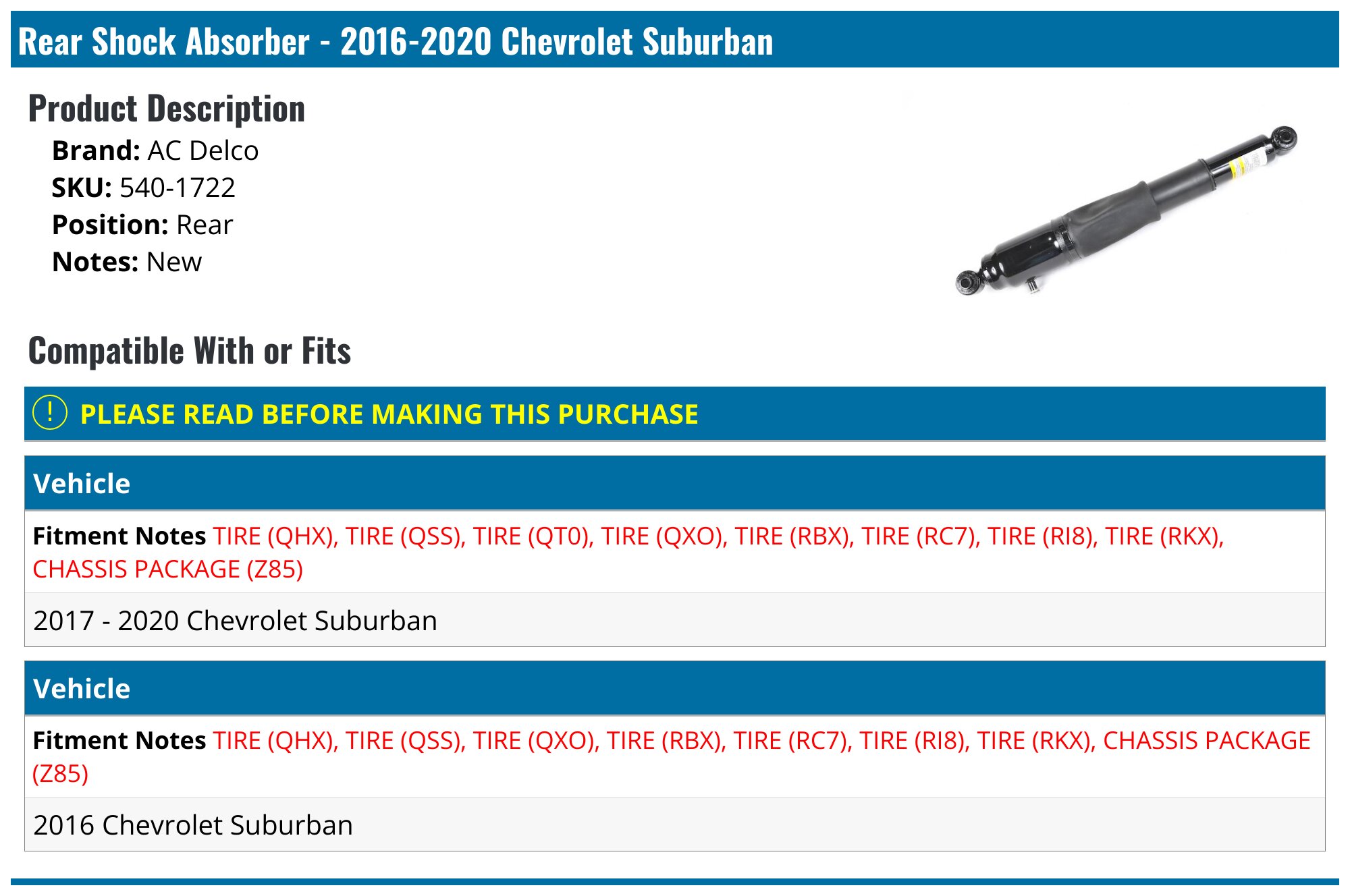 Rear Shock Absorber - 2016-2020 Chevrolet Suburban - AC Delco 134748-02976492