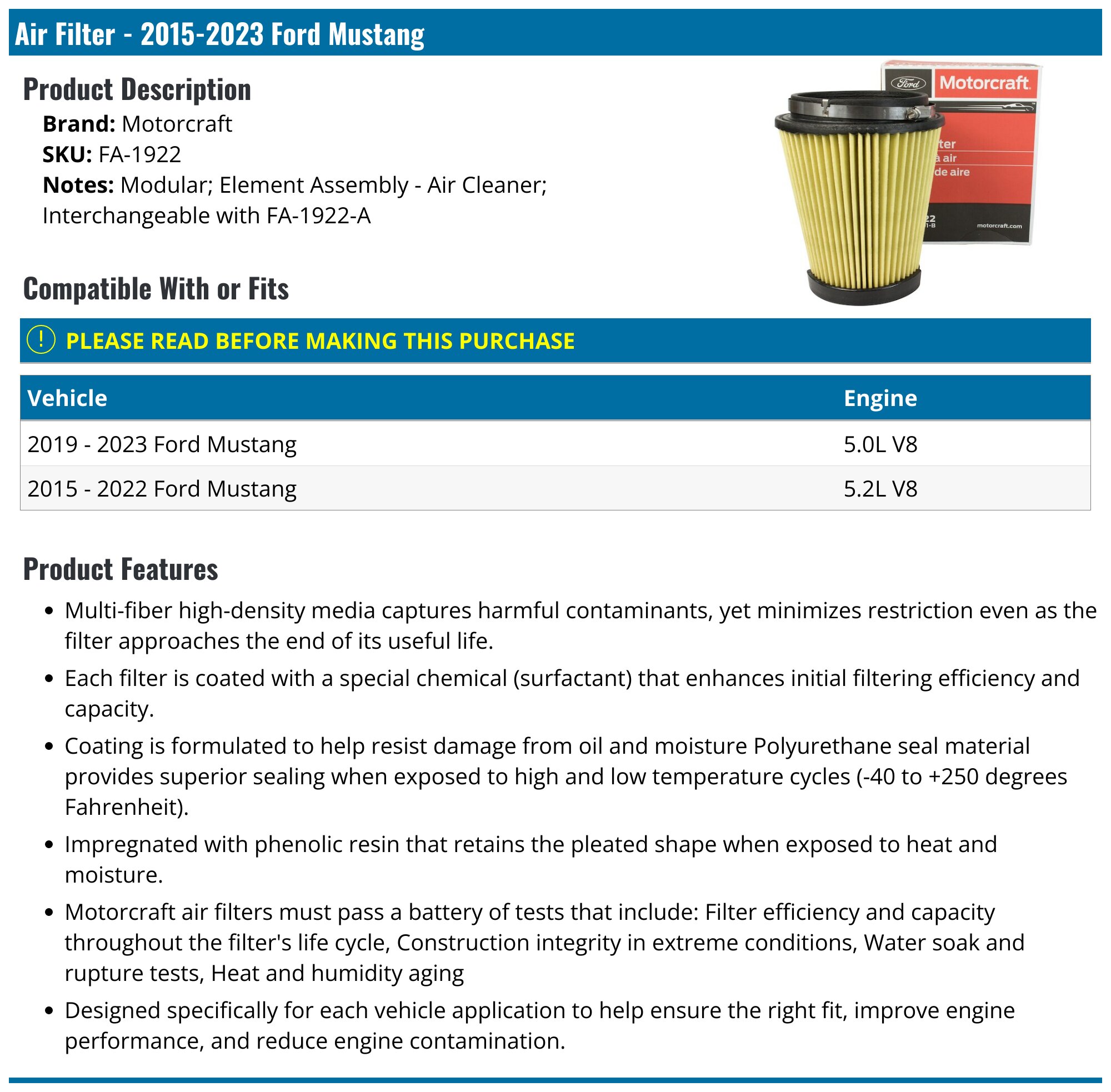 Air Filter - 2015-2023 Ford Mustang - Motorcraft 129827-02493430