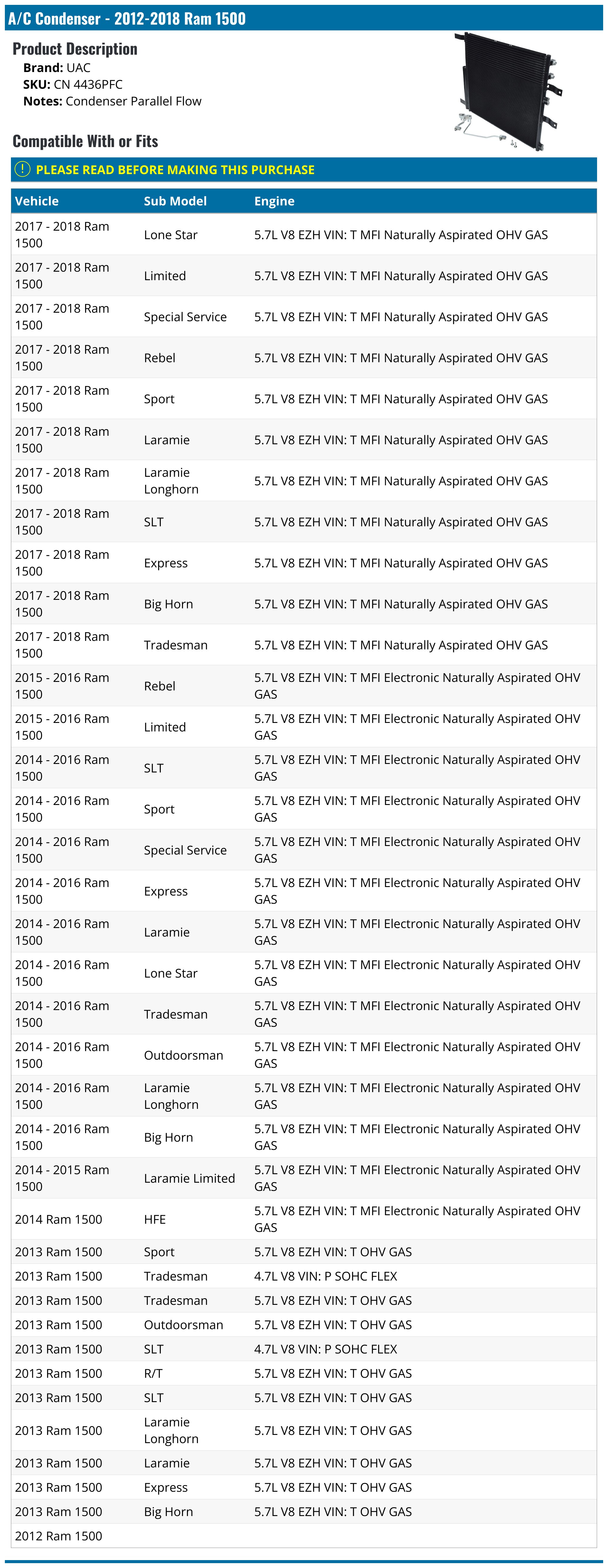 A/C Condenser - 2011-2018 Ram 1500 - UAC 97149-07566290
