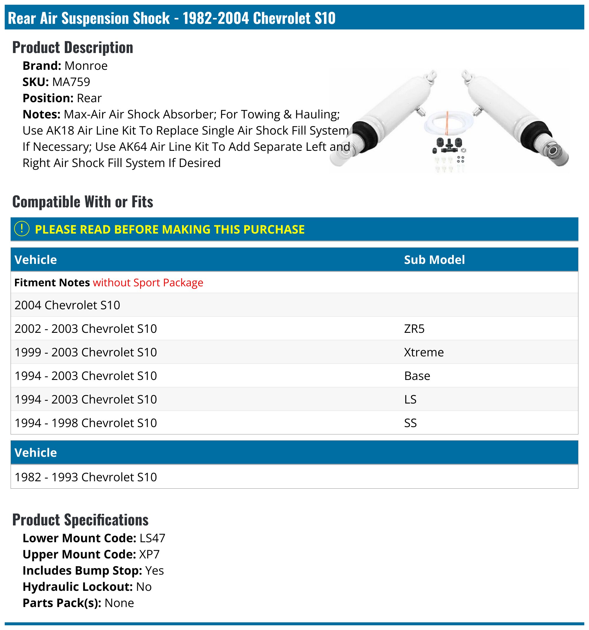 Rear Air Suspension Shock - 1982-2004 Chevrolet S10 - Monroe 3668-02276073