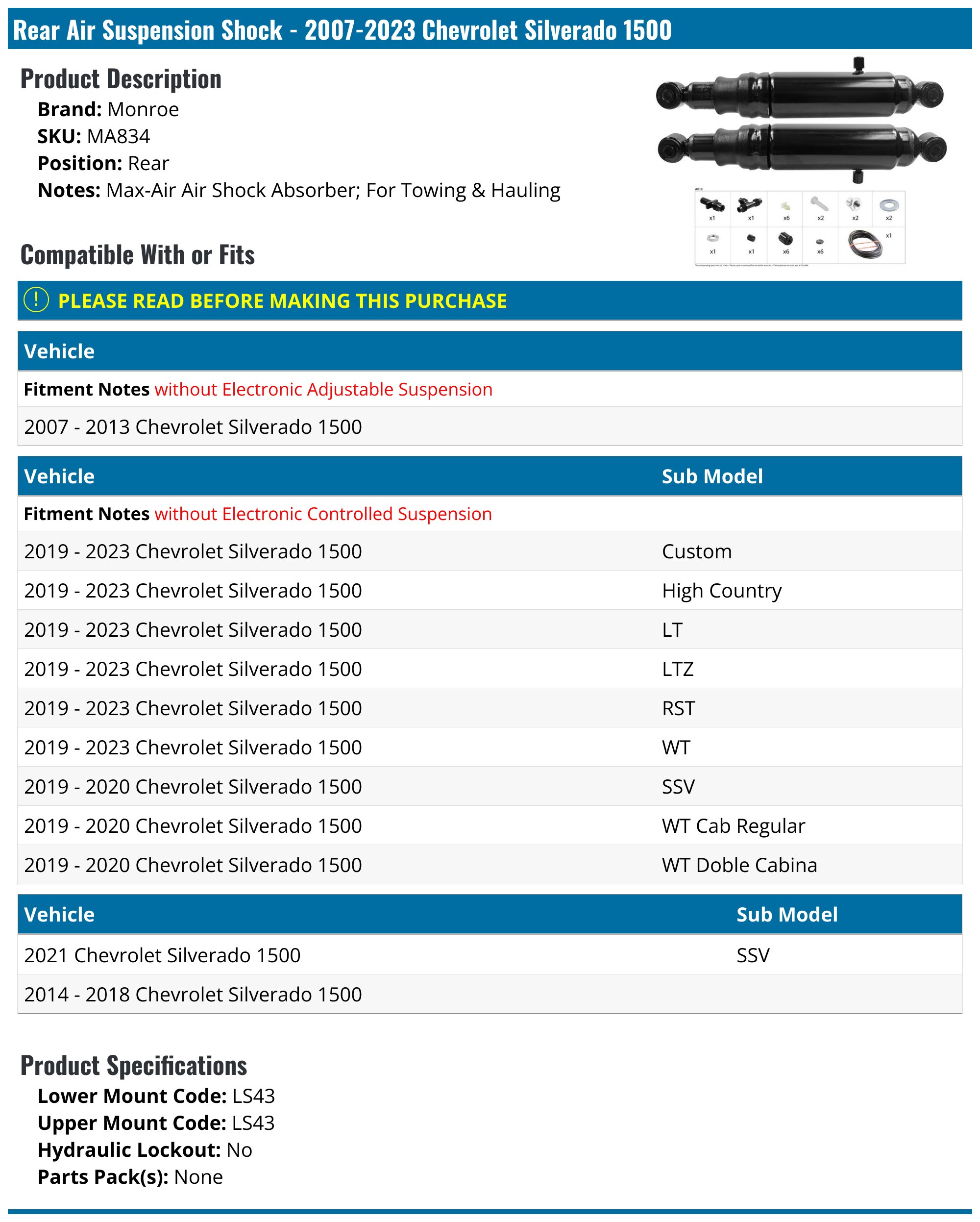 Rear Air Suspension Shock - 2007-2025 Chevrolet Silverado 1500 - Monroe 19009-02560490