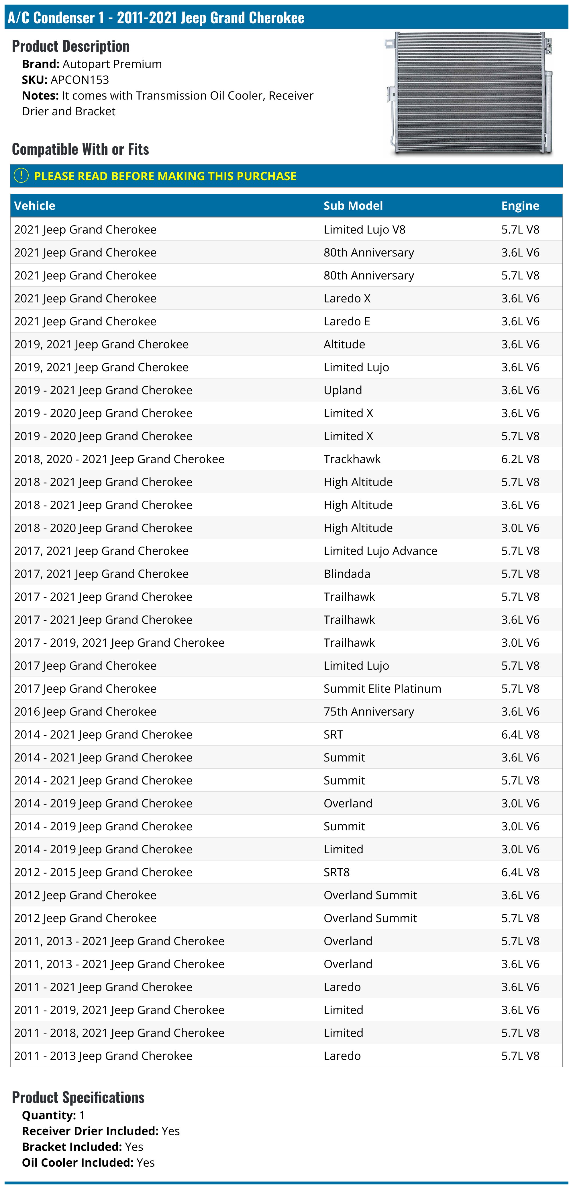 A/C Condenser - 2011-2021 Jeep Grand Cherokee - Autopart Premium 96701-02857306