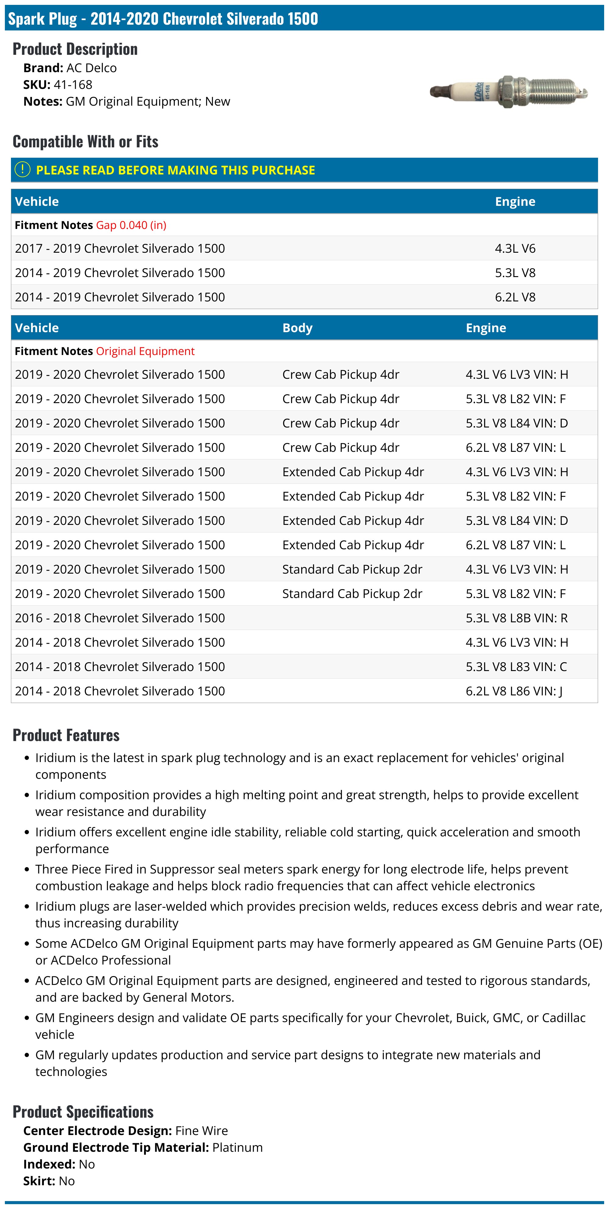 Spark Plug - 2014-2023 Chevrolet Silverado 1500 - AC Delco 125149-02154622