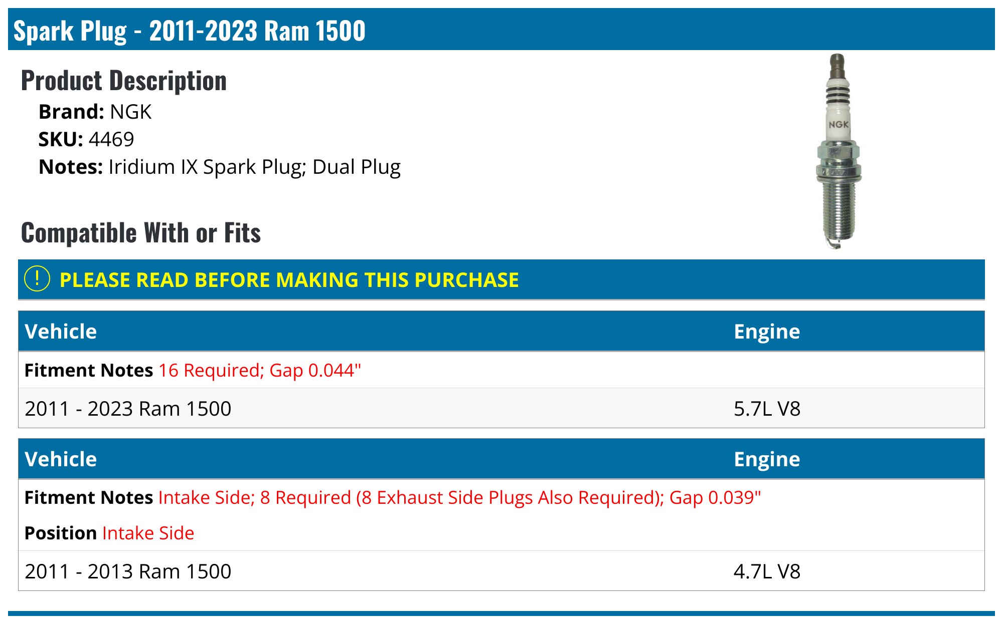 Spark Plug - 2011-2024 Ram 1500 - NGK 97149-07087558