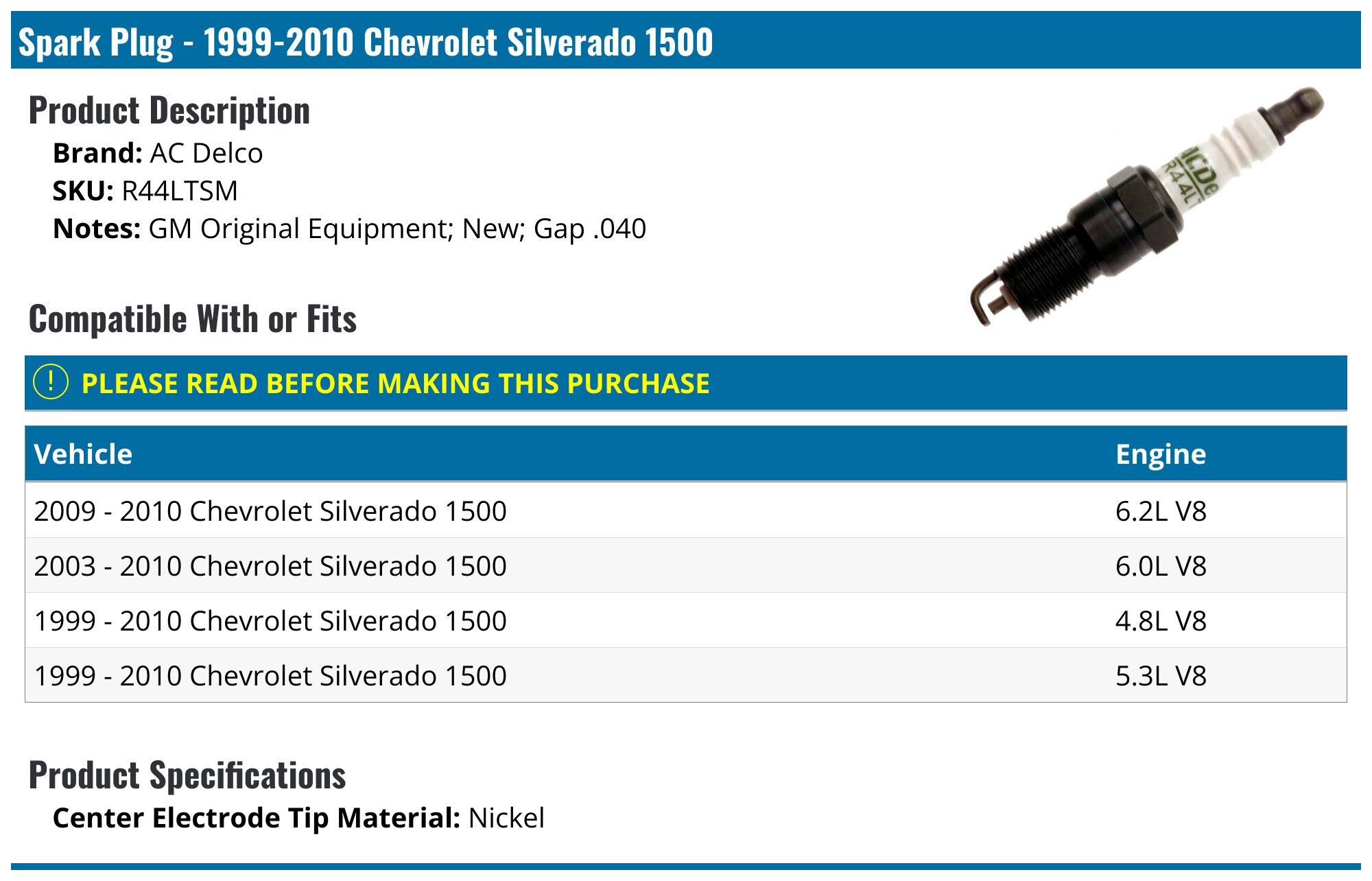Spark Plug - 1999-2010 Chevrolet Silverado 1500 - AC Delco 3691-05008402