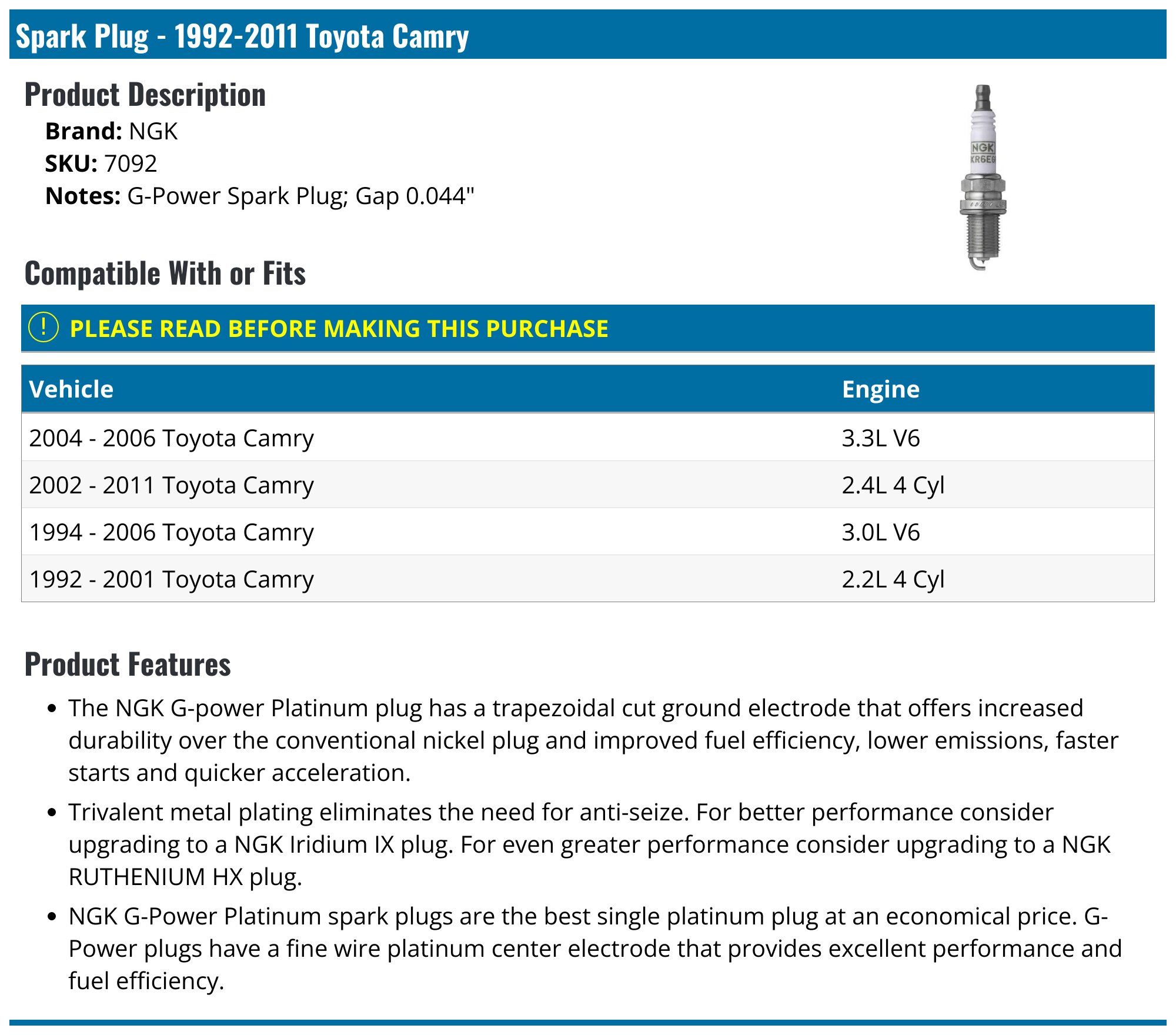 Spark Plug - 1992-2011 Toyota Camry - NGK 7948-03343829