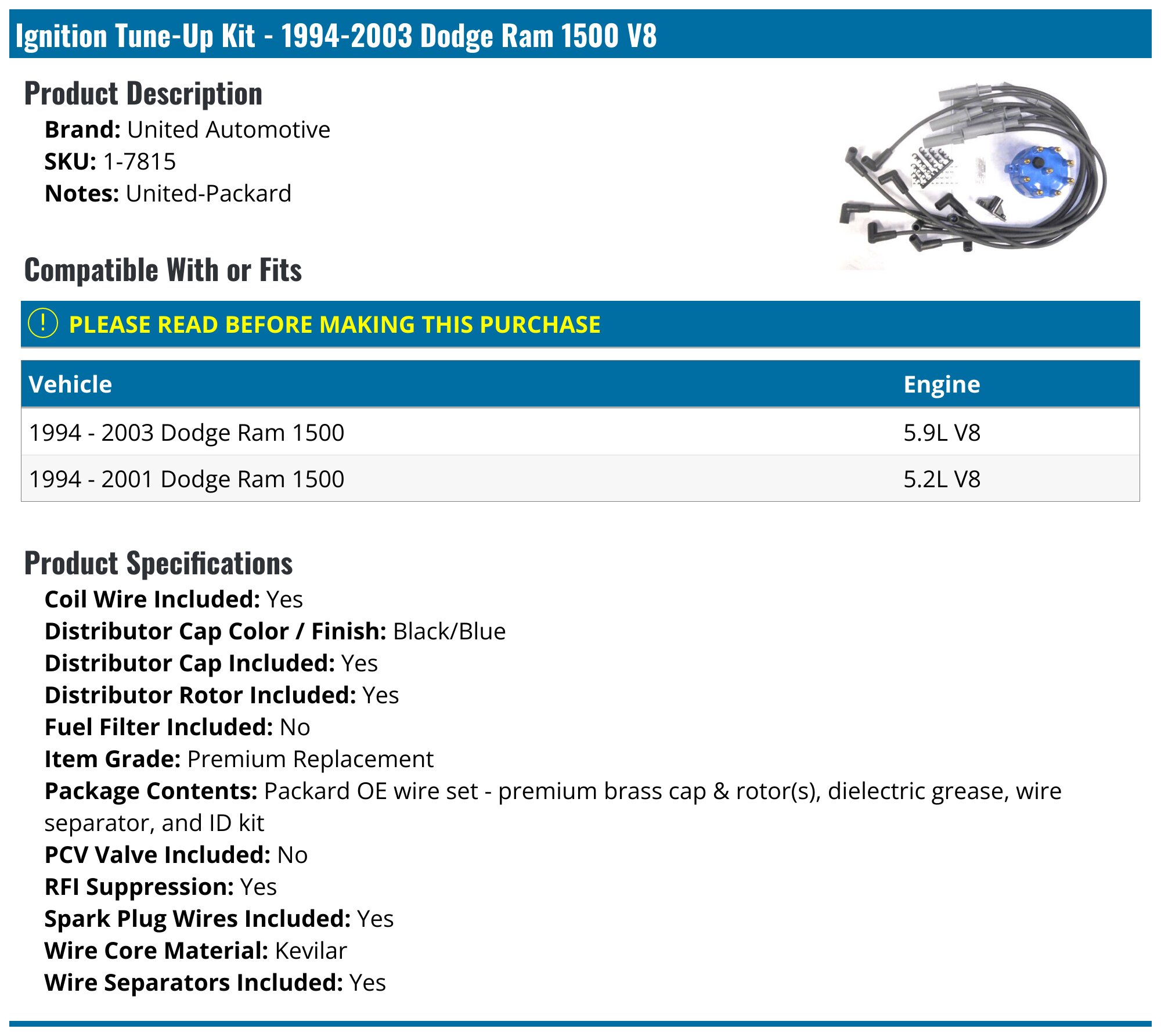 Ignition Tune-Up Kit - 1994-2003 Dodge Ram 1500 V8 - United Automotive 1964-07582955