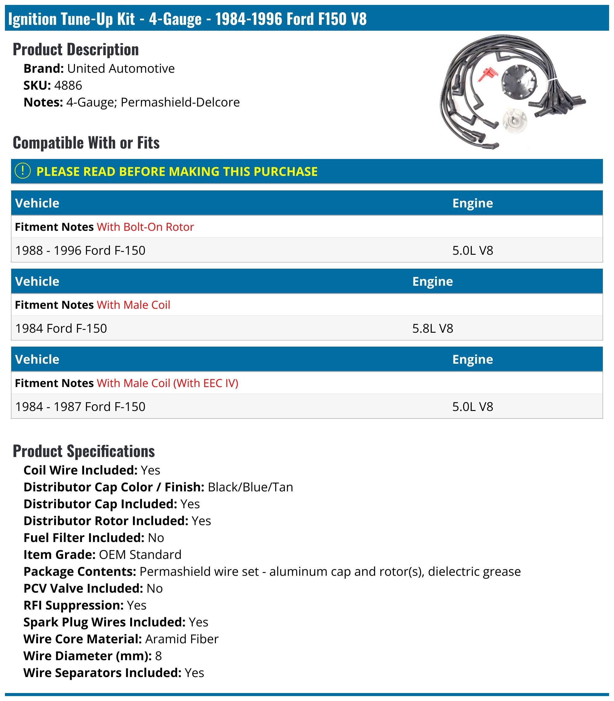 Ignition Tune-Up Kit - 4-Gauge - 1984-1996 Ford F150 V8 - United Automotive 5287-07595061