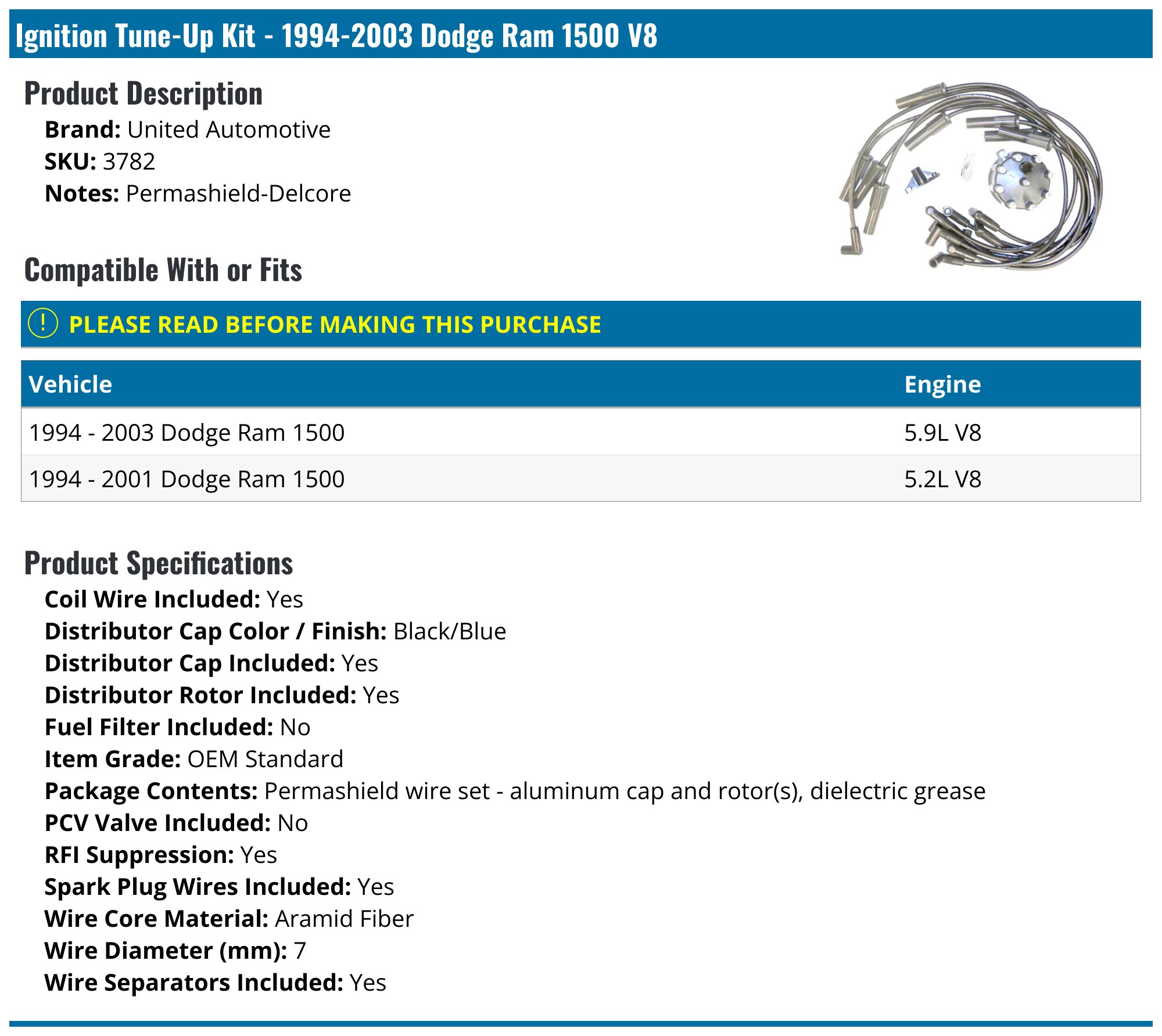 Ignition Tune-Up Kit - 1994-2003 Dodge Ram 1500 V8 - United Automotive 1964-07386671