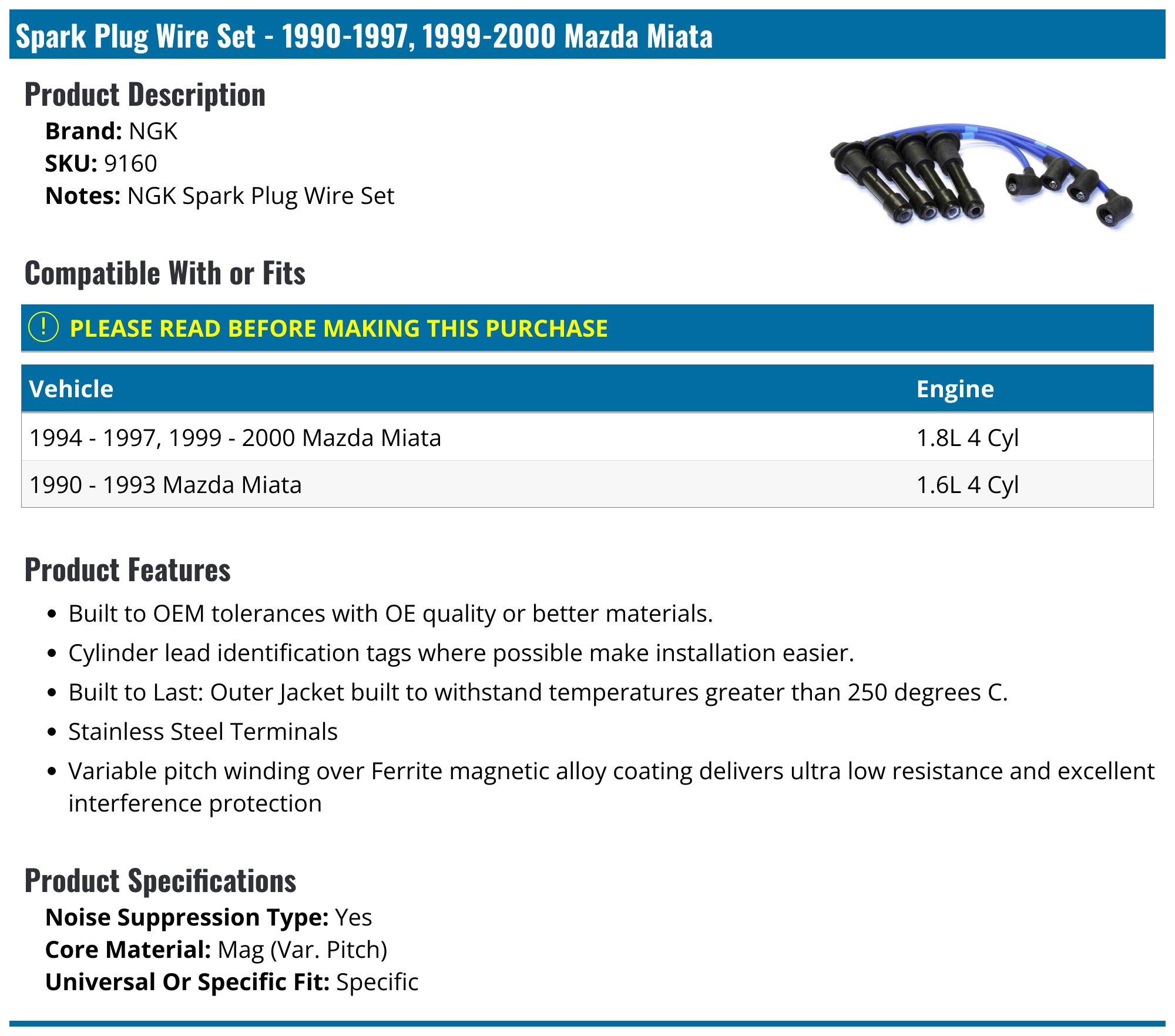 Spark Plug Wire Set - 1990-1997, 1999-2000 Mazda Miata - NGK 8532-07287965