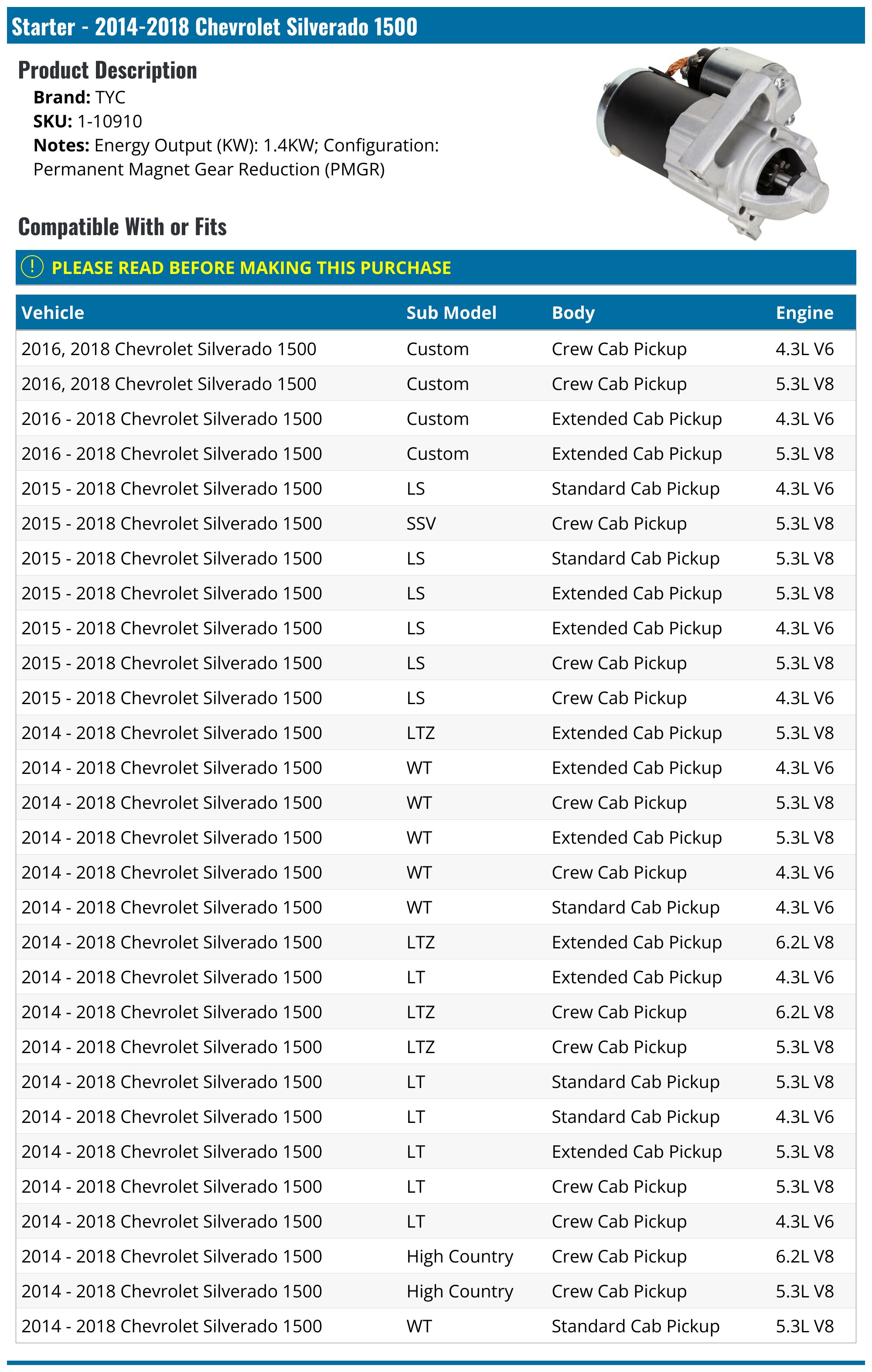 Starter - 2014-2018 Chevrolet Silverado 1500 - TYC 125149-06006546