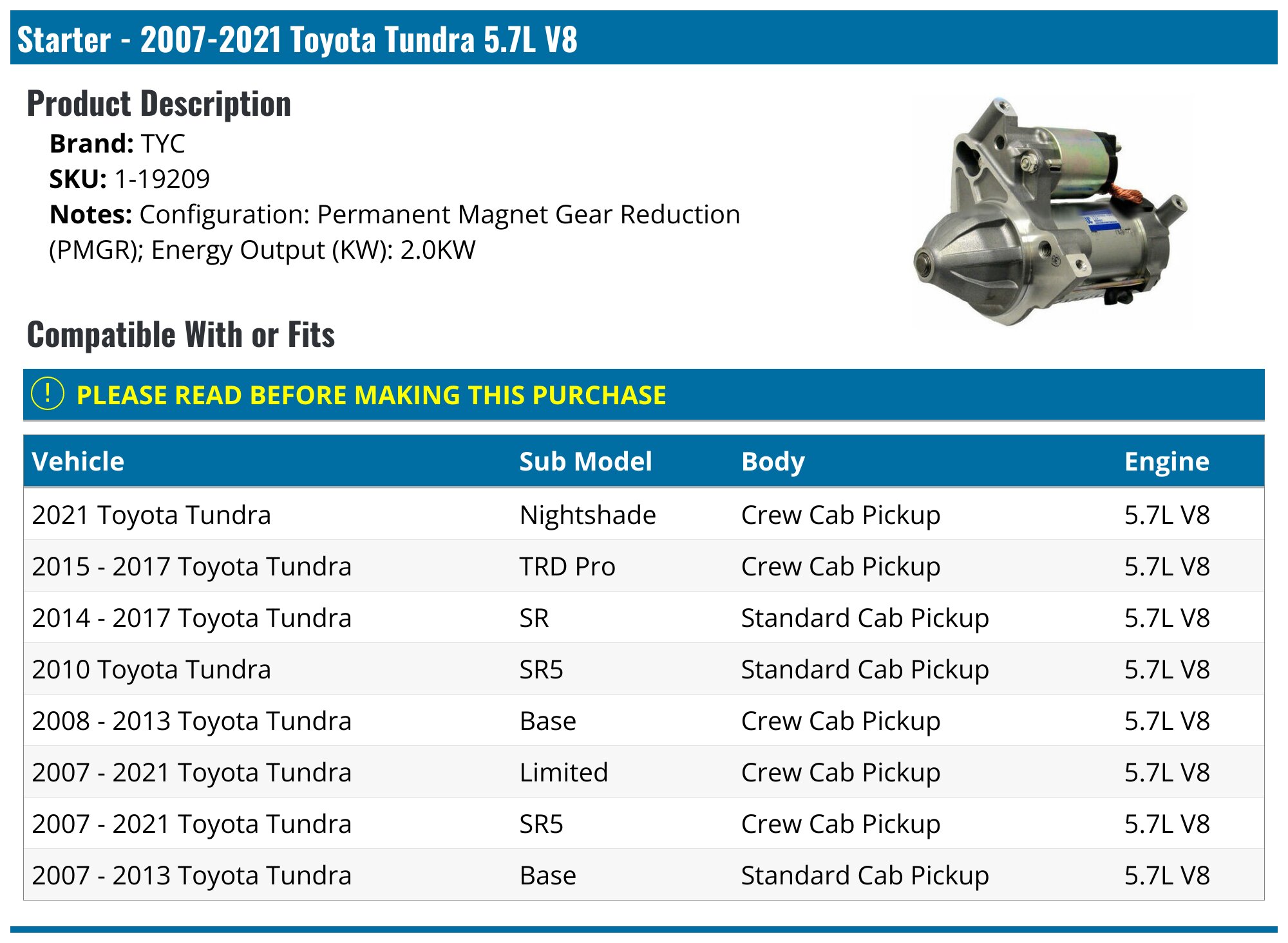 Starter - 2014-2021 Toyota Tundra 5.7L V8 - TYC 128204-05844164