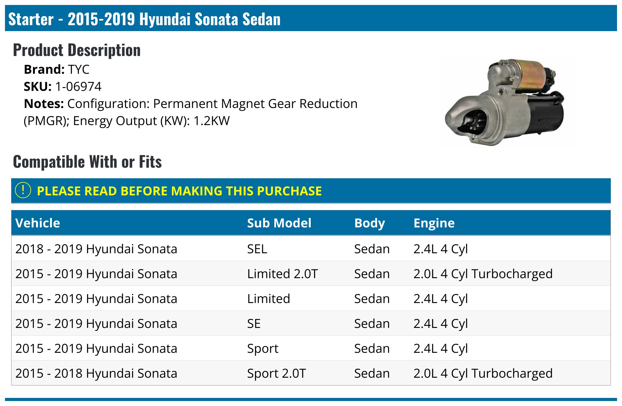 Starter Motor - 2015-2019 Hyundai Sonata Sedan - TYC 130082-05844110