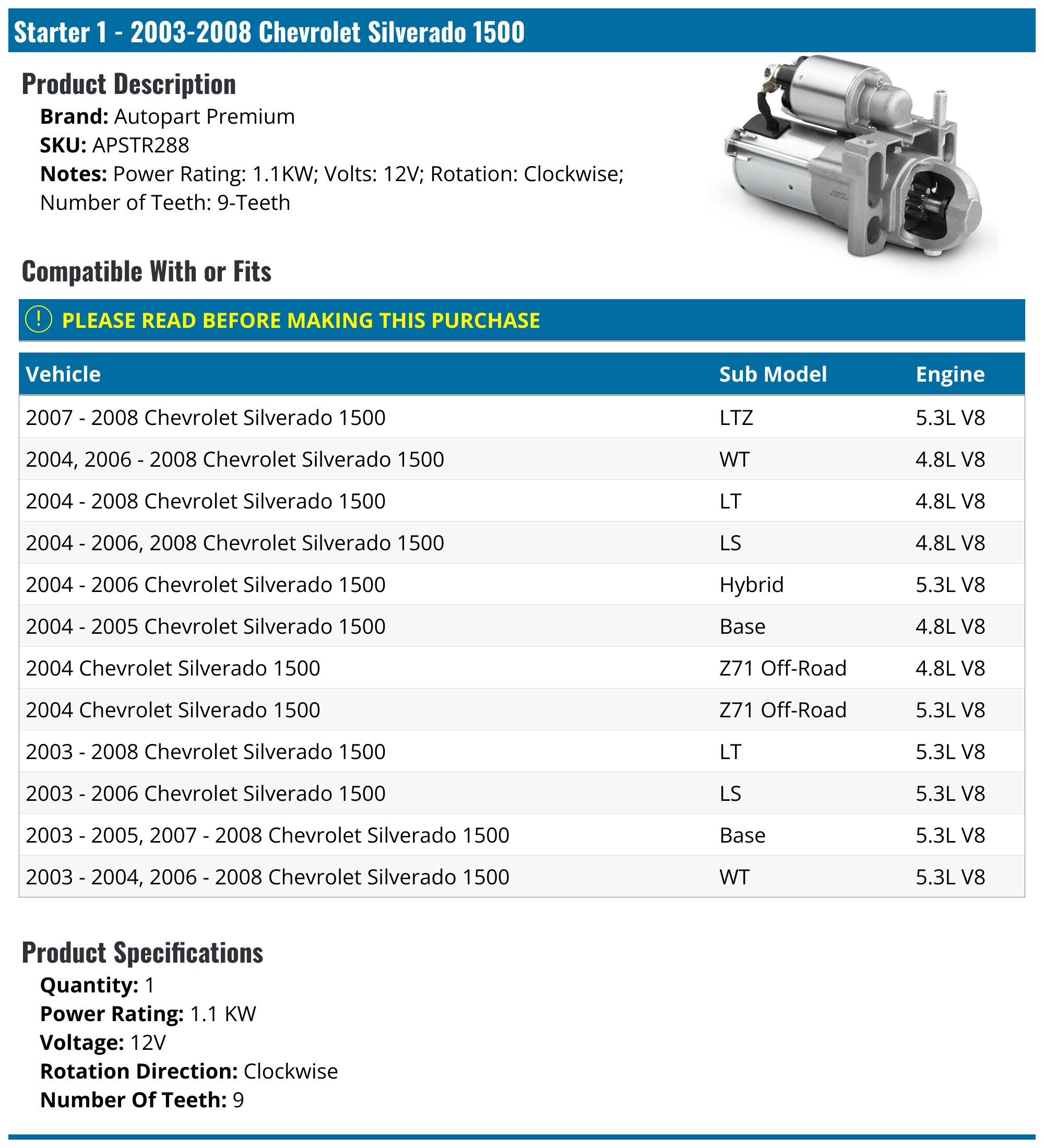 Starter - 2003-2008 Chevrolet Silverado 1500 - Autopart Premium 3695-02608350