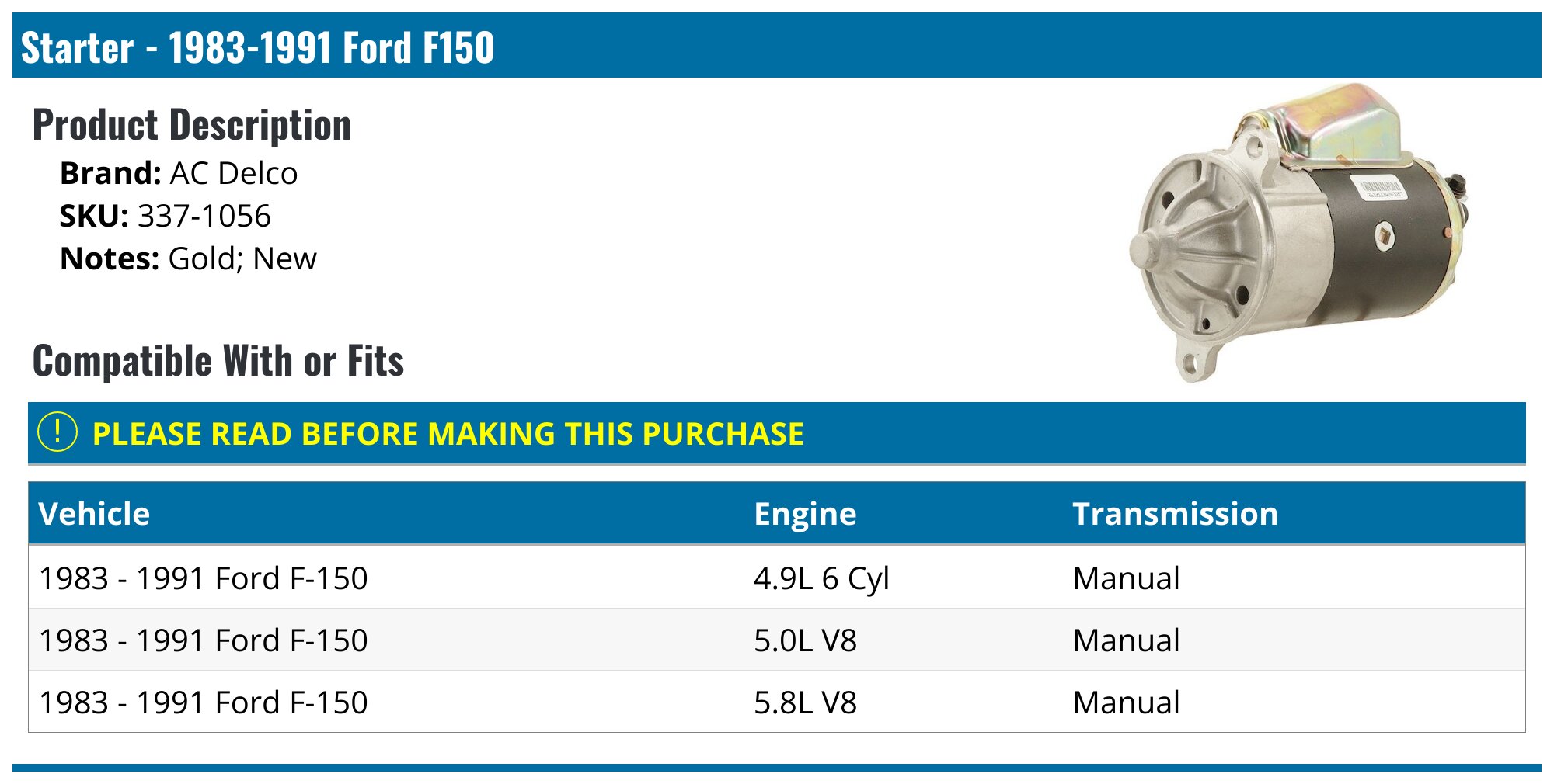 Starter - 1983-1991 Ford F150 - AC Delco 5286-02803192