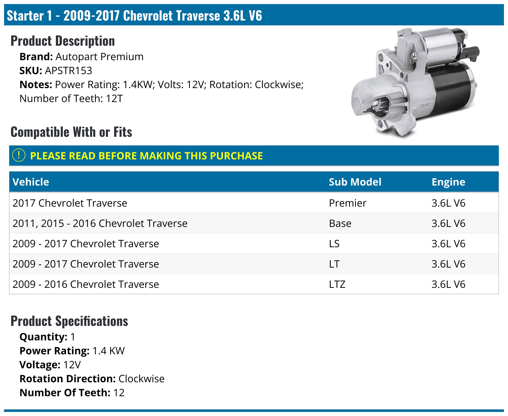 Starter - 2009-2017 Chevrolet Traverse 3.6L V6 - Autopart Premium 30003-02265640