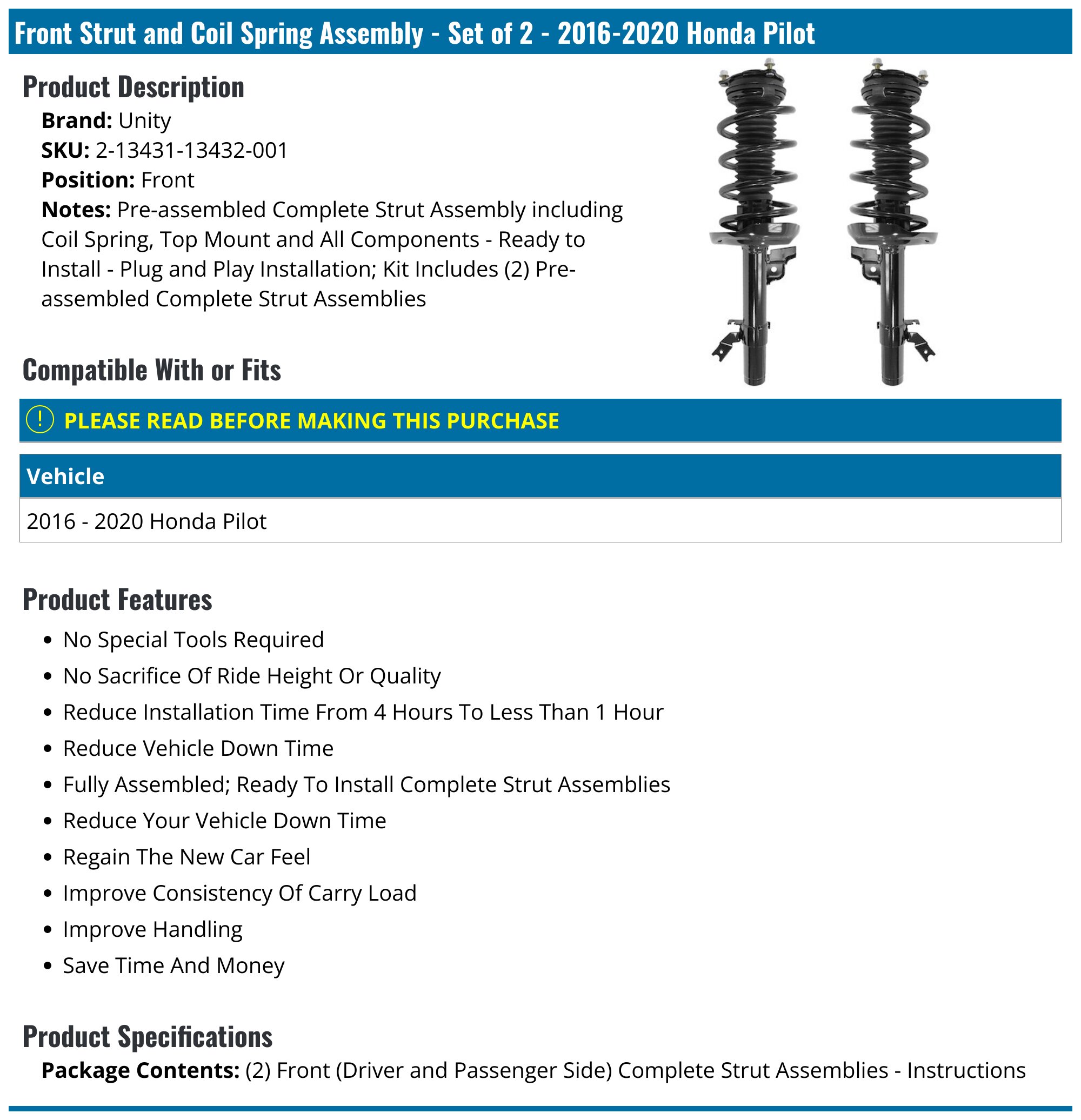 Front Strut and Coil Spring Assembly - Set of 2 - 2016-2022 Honda Pilot - Unity 136808-03860017