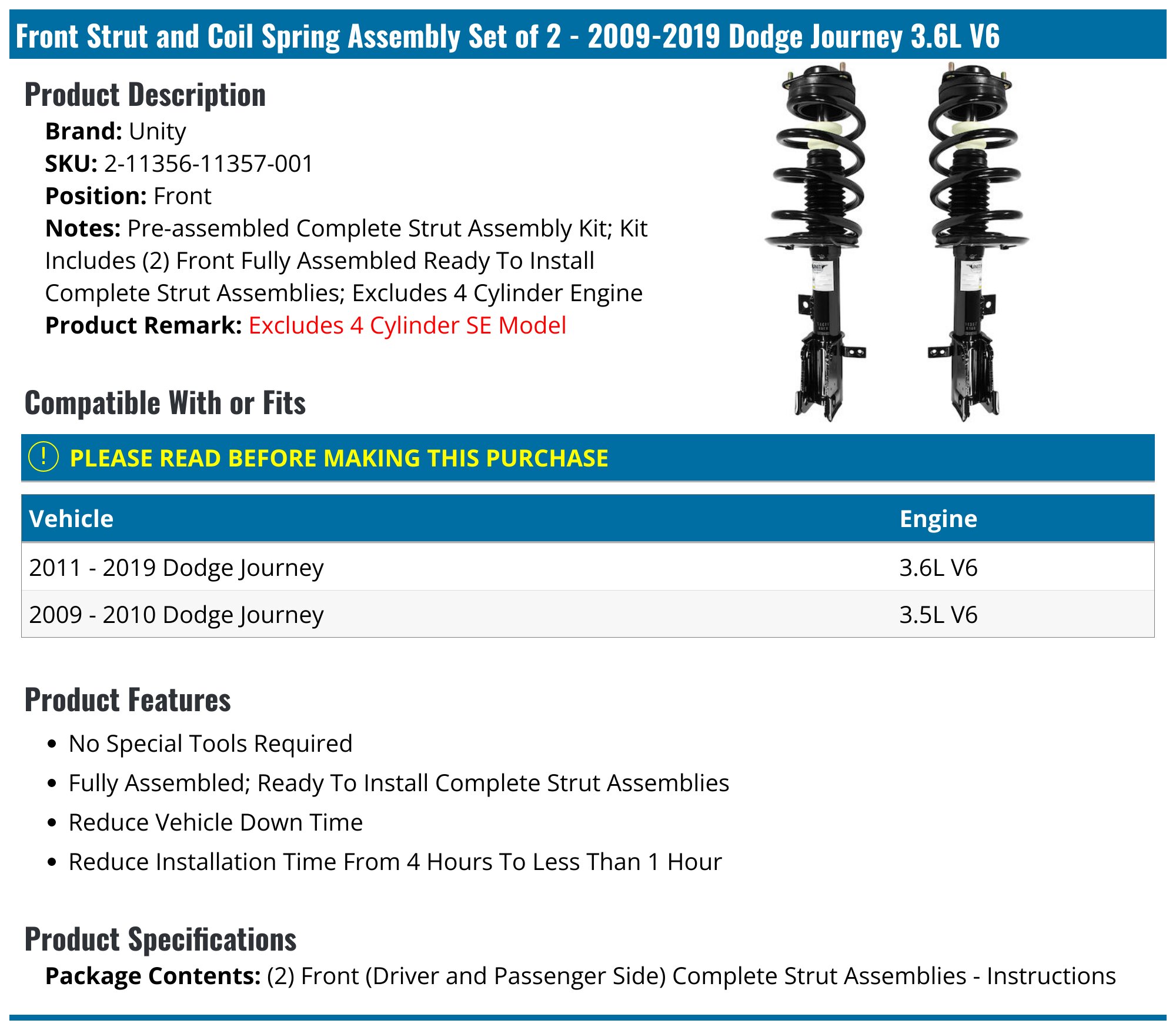 Front Strut and Coil Spring Assembly Set of 2 - 2009-2019 Dodge Journey 3.6L V6 - Unity 29869-02787819