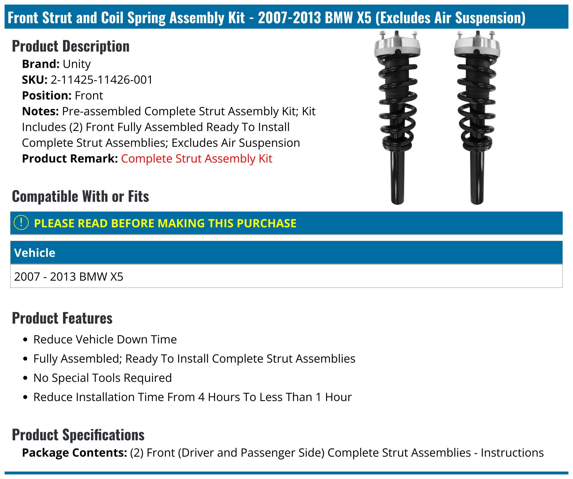 Front Strut and Coil Spring Assembly Kit - 2007-2013 BMW X5 (Excludes Air Suspension) - Unity 24083-03955569