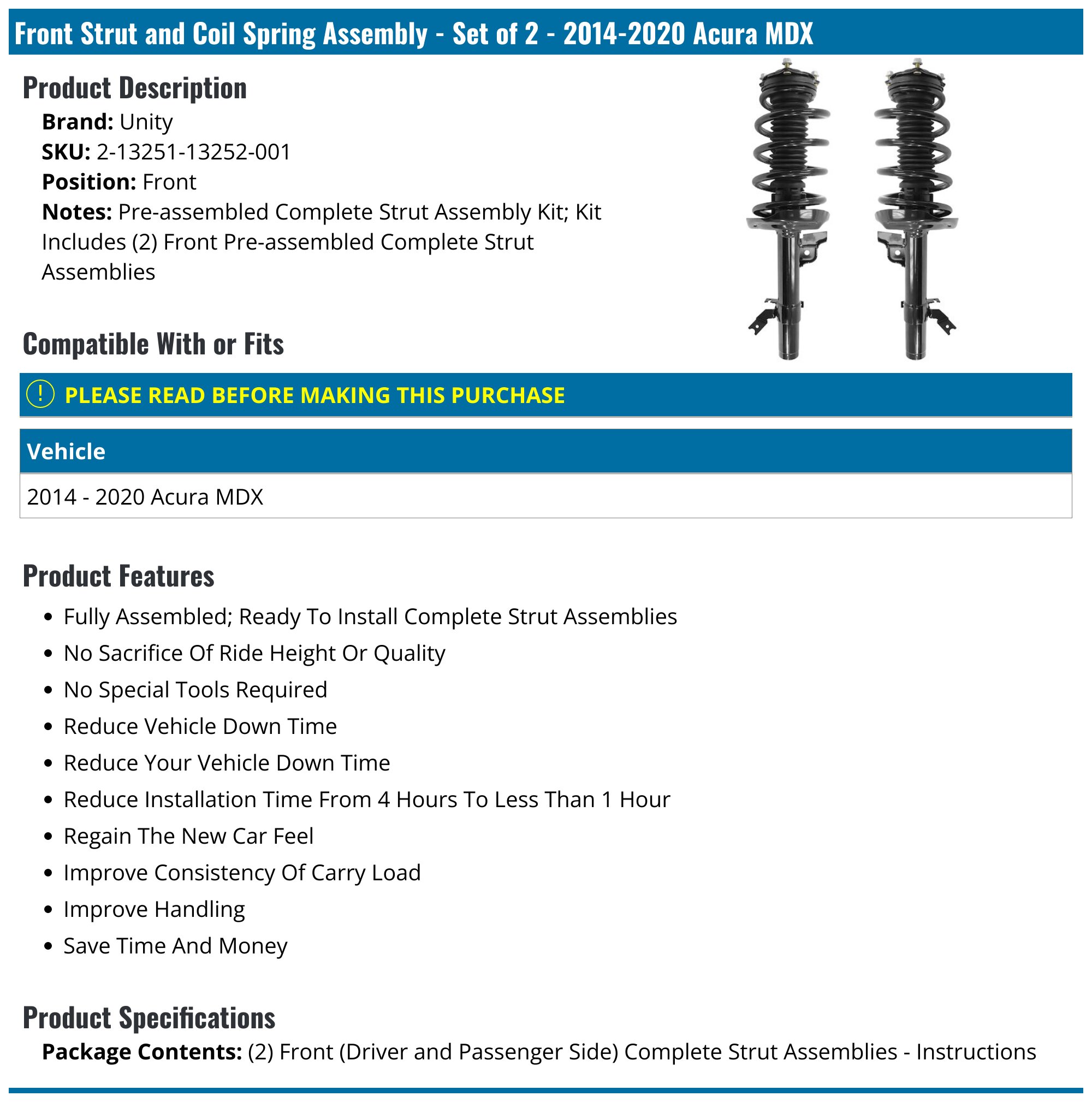 Front Strut and Coil Spring Assembly - Set of 2 - 2014-2020 Acura MDX - Unity 127939-03152578