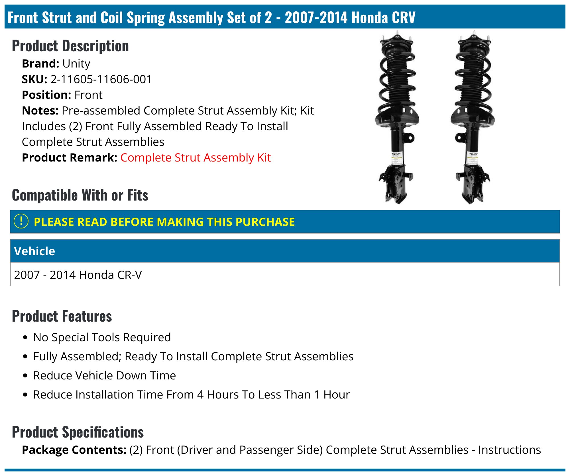 Front Strut and Coil Spring Assembly Set of 2 - 2007-2014 Honda CRV - Unity 24010-02480418