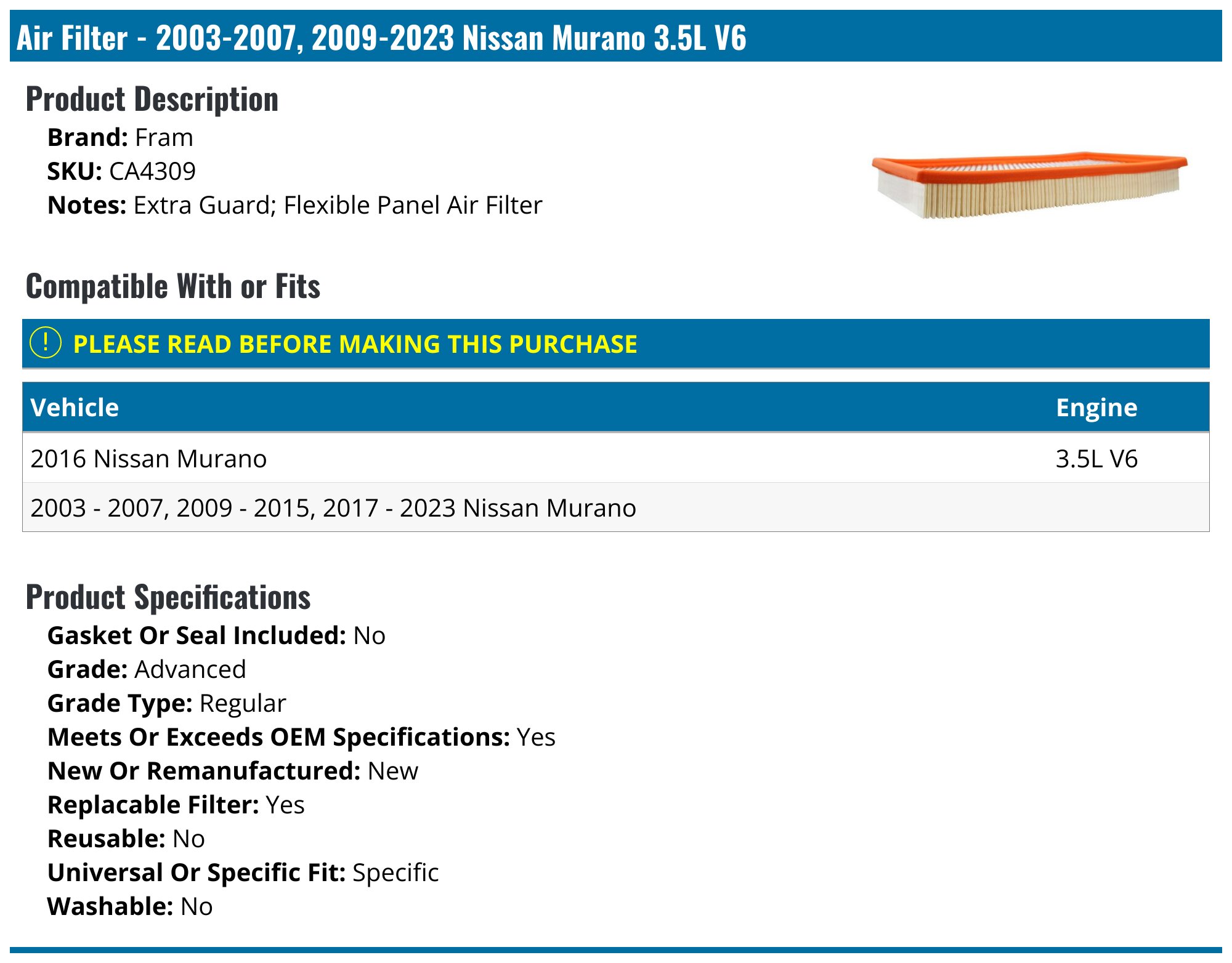 Air Filter - 2003-2007, 2009-2024 Nissan Murano - Fram 6740-03492807