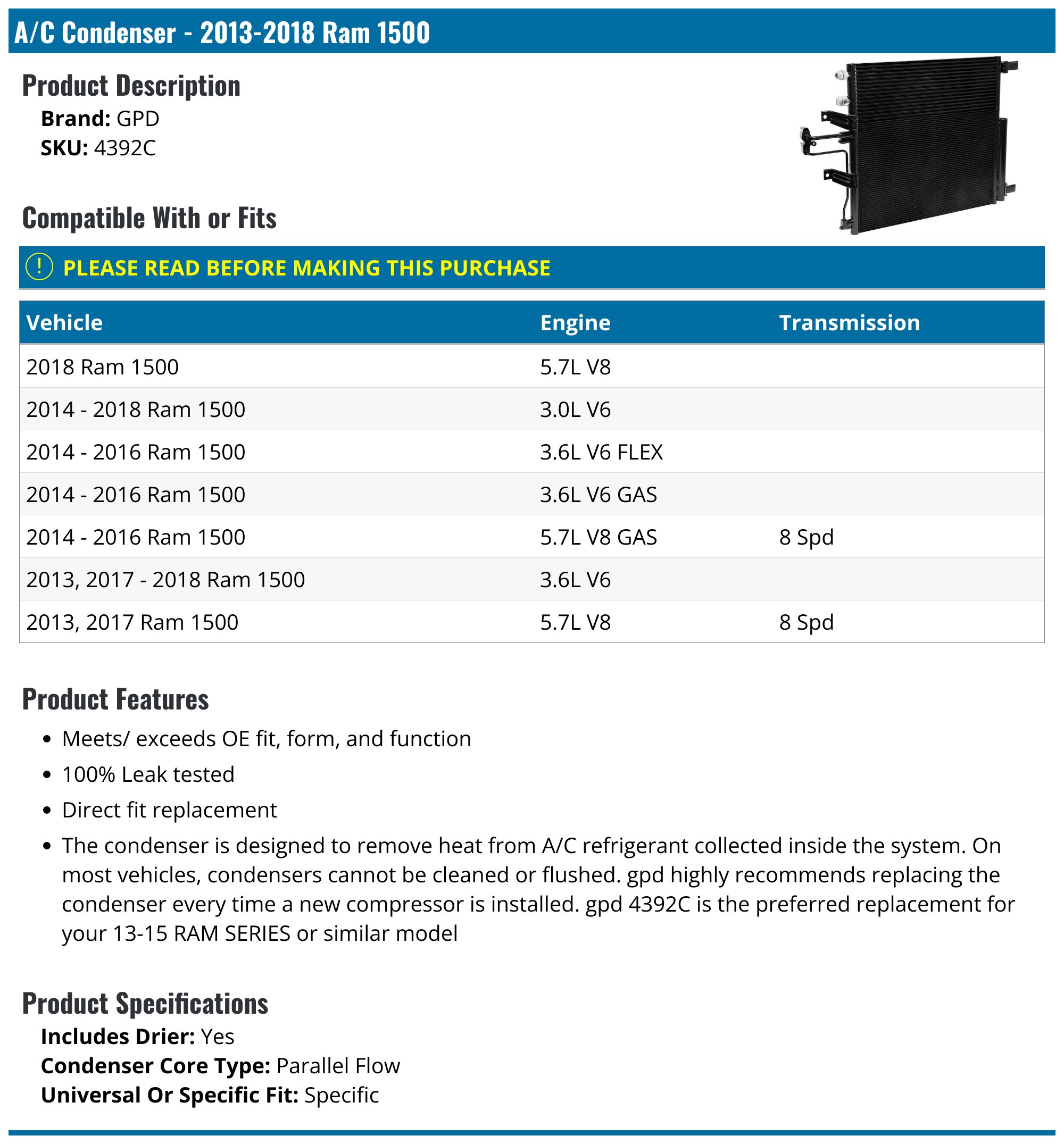 A/C Condenser - 2013-2018 Ram 1500 - GPD 119830-02095293