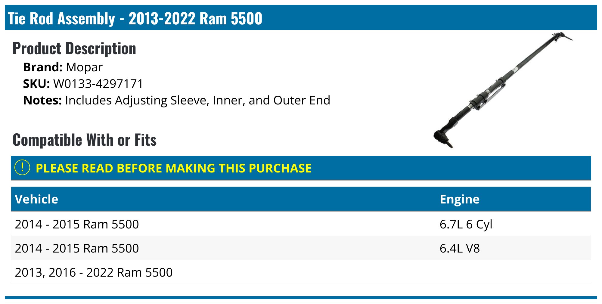 Tie Rod Assembly - 2013-2024 Ram 5500 - Mopar W0133-4297171