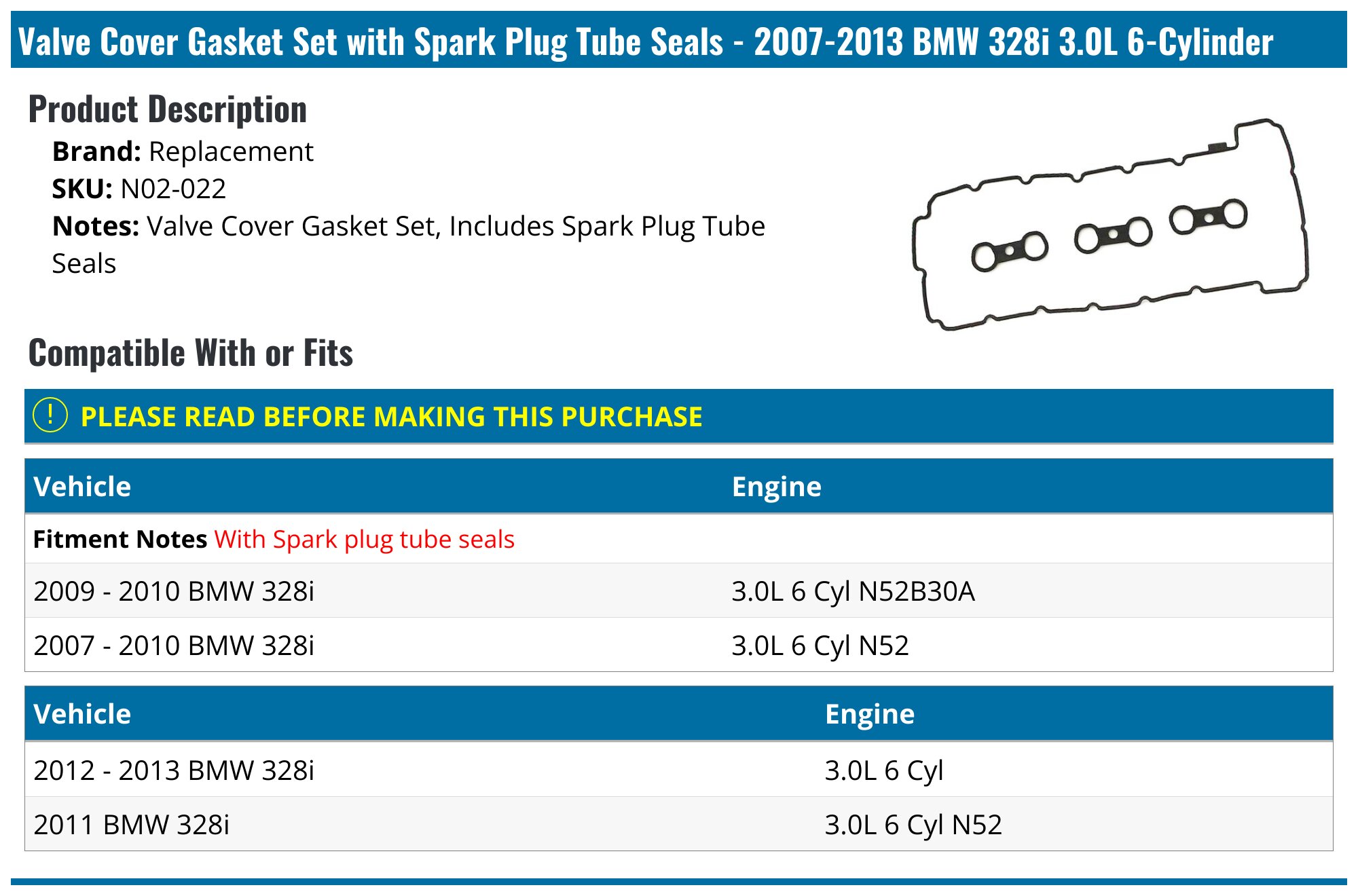 Valve Cover Gasket Set with Spark Plug Tube Seals - 2007-2013 BMW 328i 3.0L 6-Cylinder - Replacement 19124-02230031