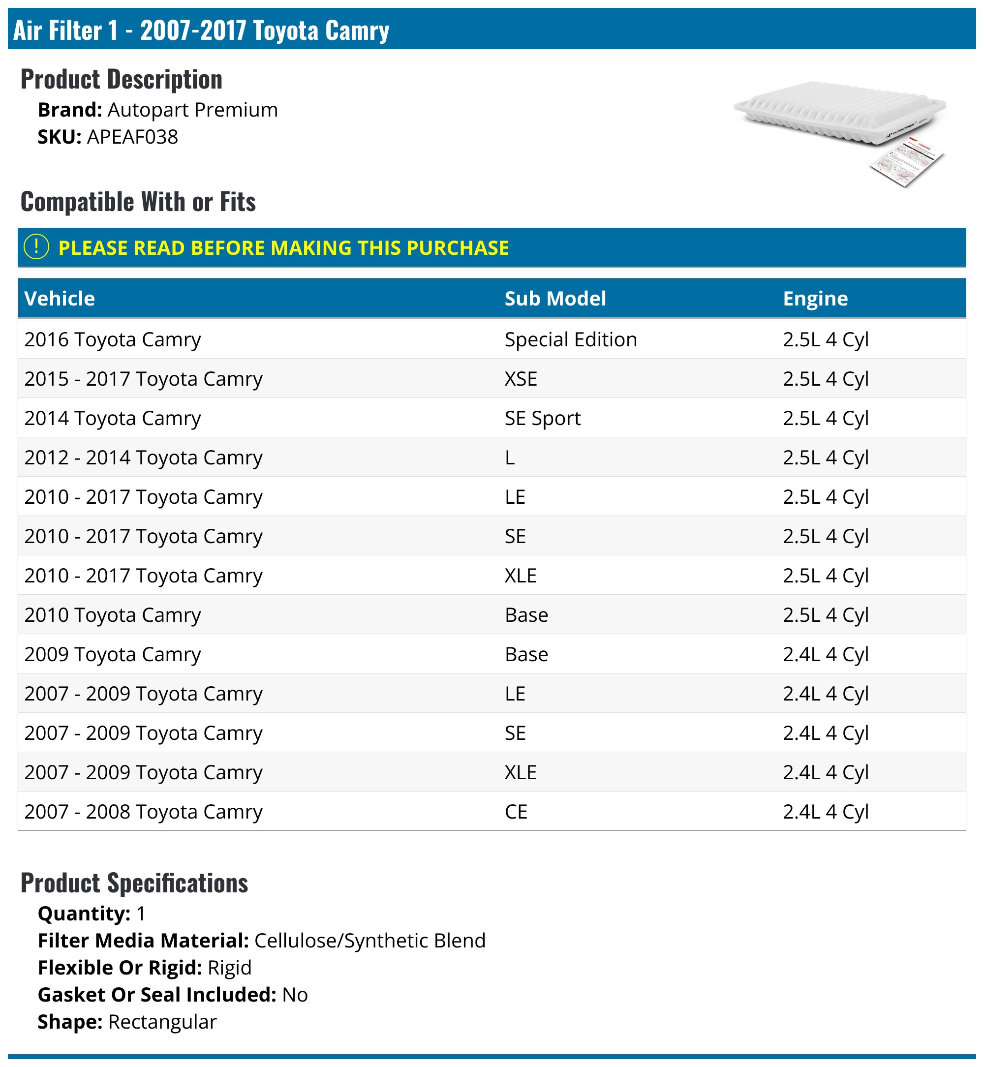 Air Filter - 2007-2017 Toyota Camry - Autopart Premium 18958-02456755