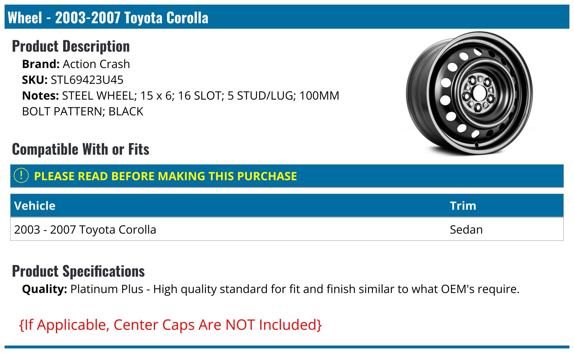 Wheel - 2003-2008 Toyota Corolla - Action Crash 8017-04070933