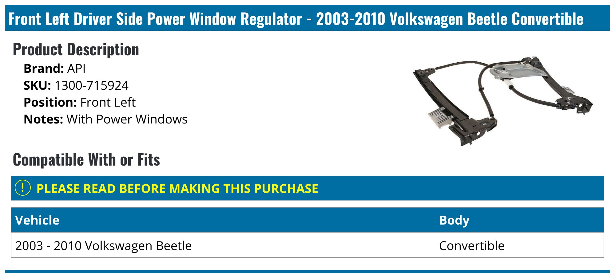 Front Left Driver Side Power Window Regulator - 2003-2010 Volkswagen Beetle Convertible - API 7503-02415661