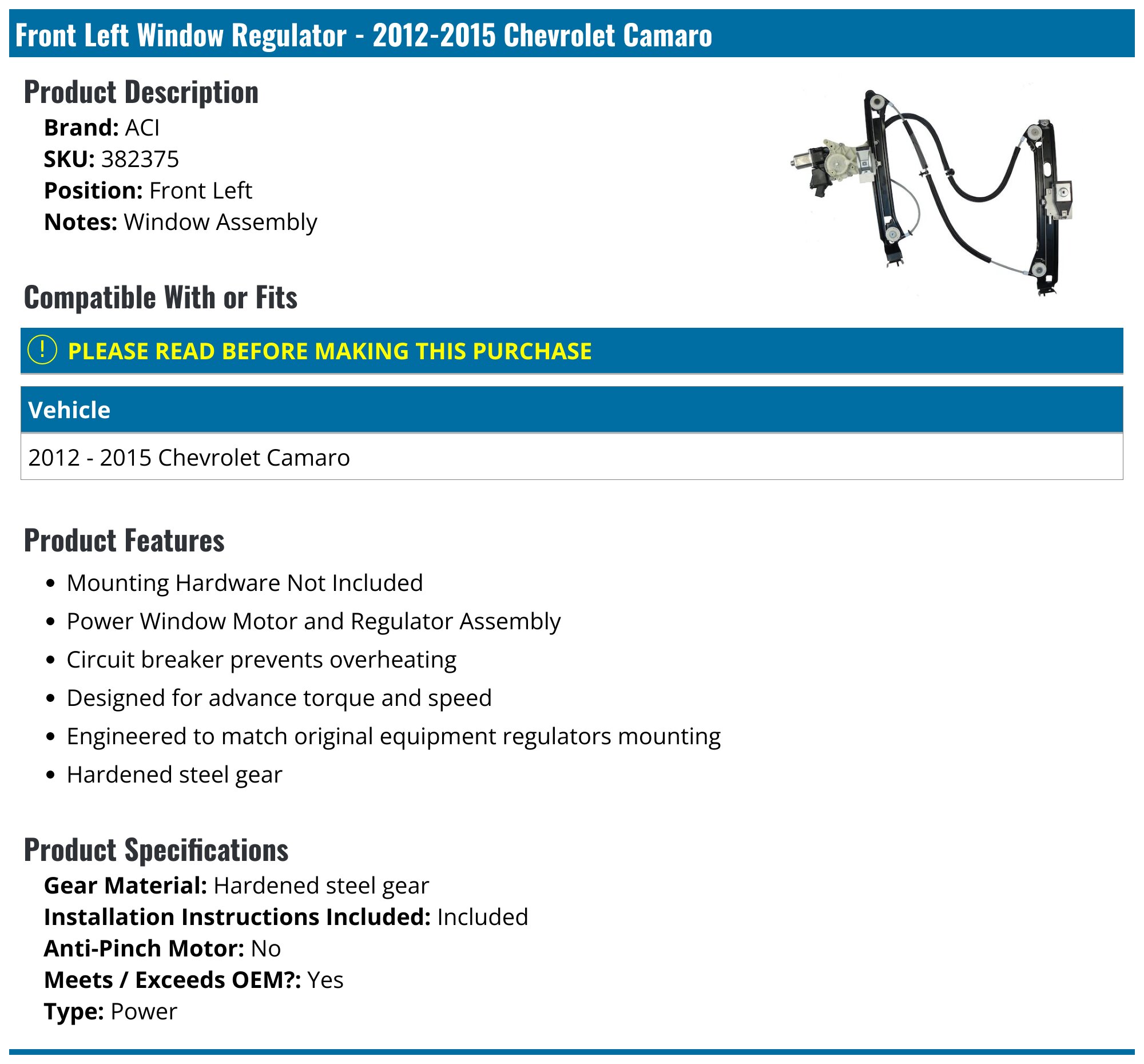 Front Left Driver Side Window Regulator with Motor - 2012-2015 Chevrolet Camaro - ACI 118585-05867480