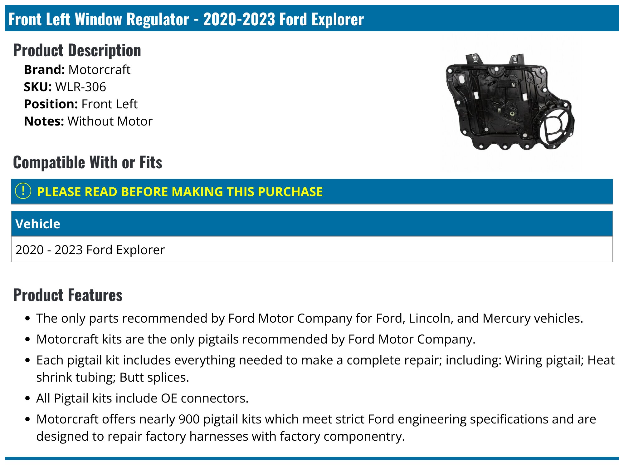 Front Left Window Regulator - 2020-2024 Ford Explorer - Motorcraft 148825-05979428