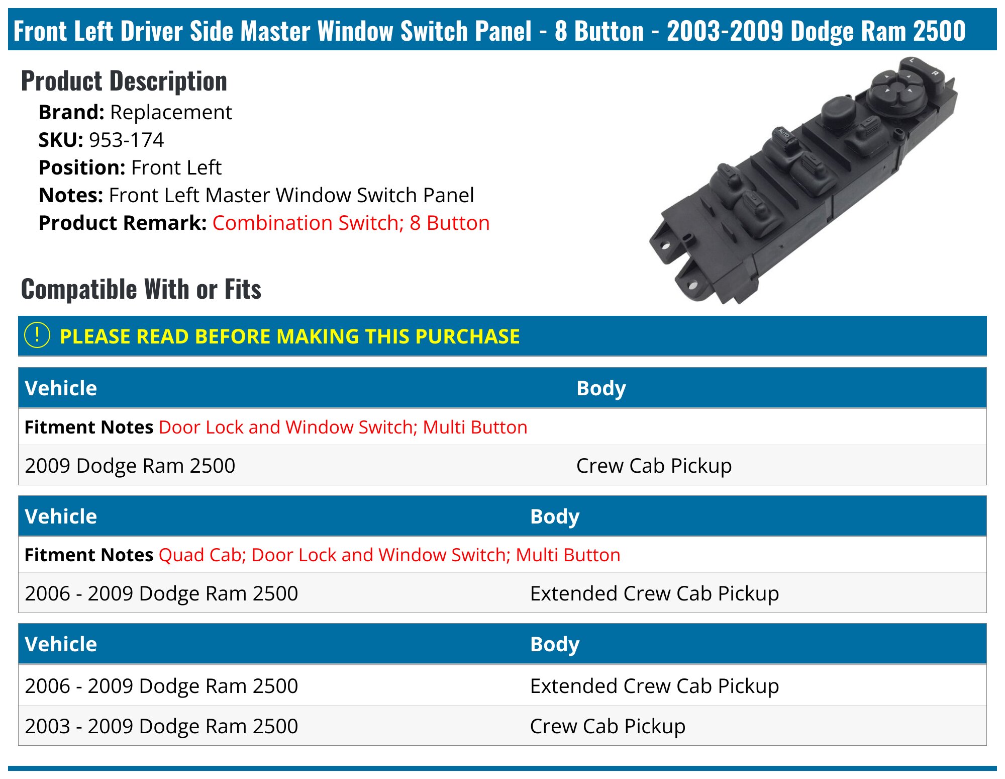 Front Left Driver Side Master Window Switch Panel - 8 Button - 2003-2009 Dodge Ram 2500 - Replacement 1988-02424558