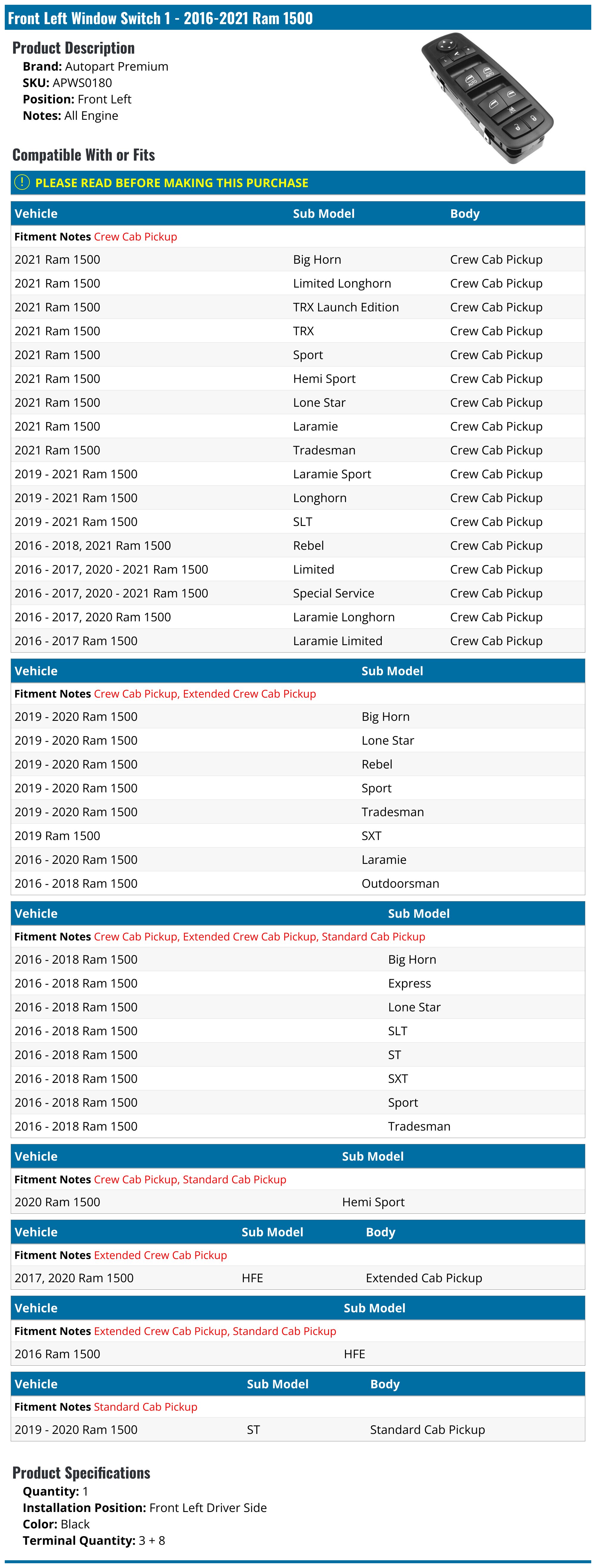 Front Left Window Switch - 2016-2021 Ram 1500 - Autopart Premium 137050-02832226