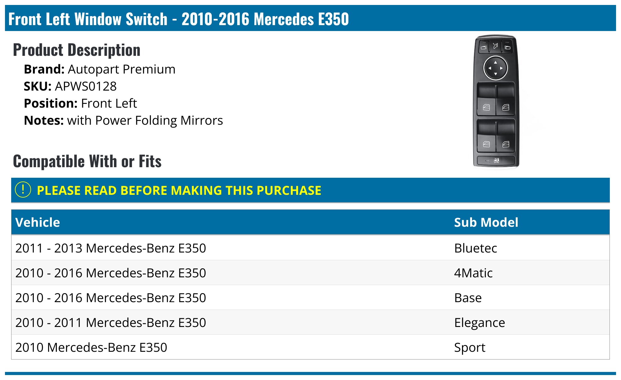 Front Left Window Switch - 2010-2016 Mercedes E350 - Autopart Premium 30431-02735330