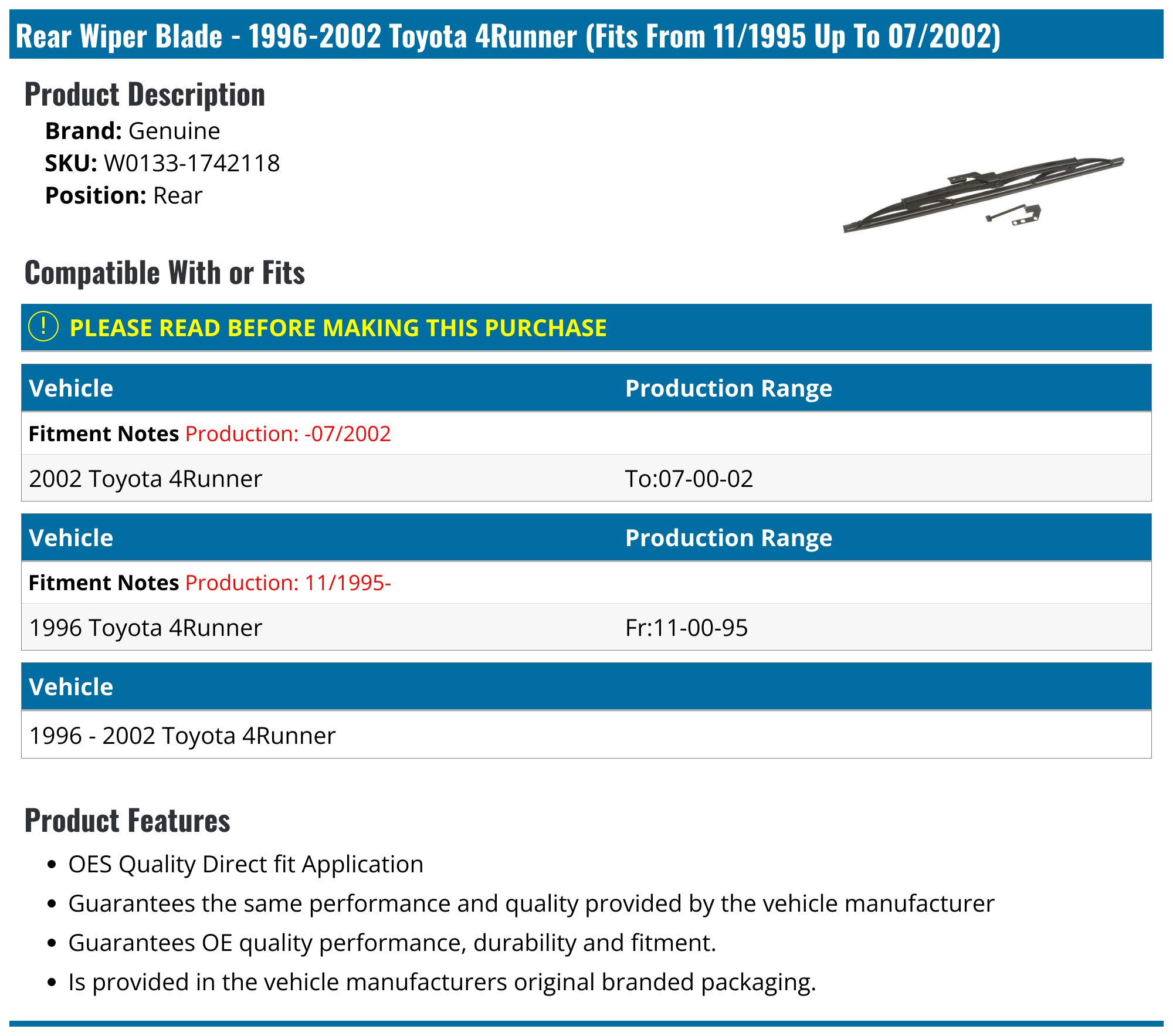 Rear Wiper Blade - 1996-2002 Toyota 4Runner (Fits From 11/1995 Up To 07/2002) - Genuine W0133-1742118