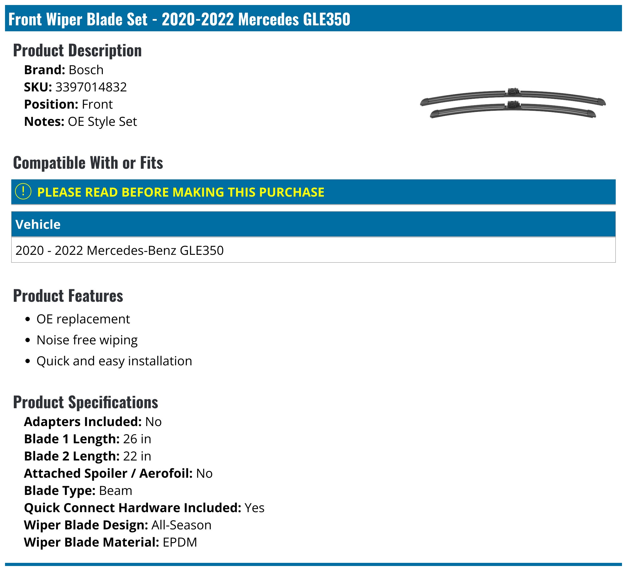Front Wiper Blade Set - 2020-2025 Mercedes GLE350 - Bosch 149262-06326867