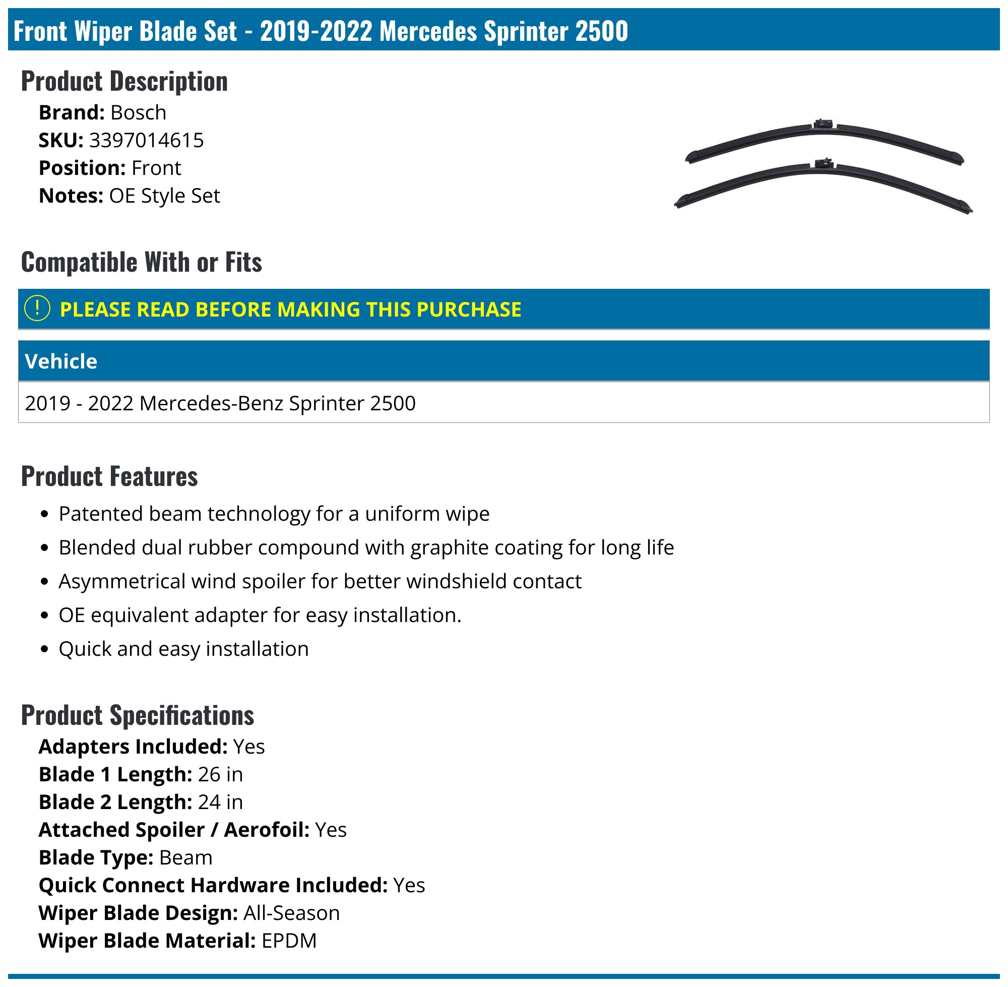 Front Wiper Blade Set - 2019-2025 Mercedes Sprinter 2500 - Bosch 148004-02179257