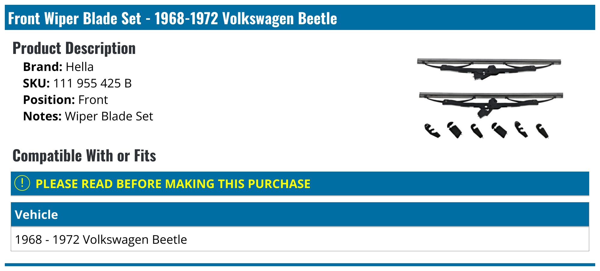 Front Wiper Blade Set - 1968-1972 Volkswagen Beetle - Hella 17319-08062906